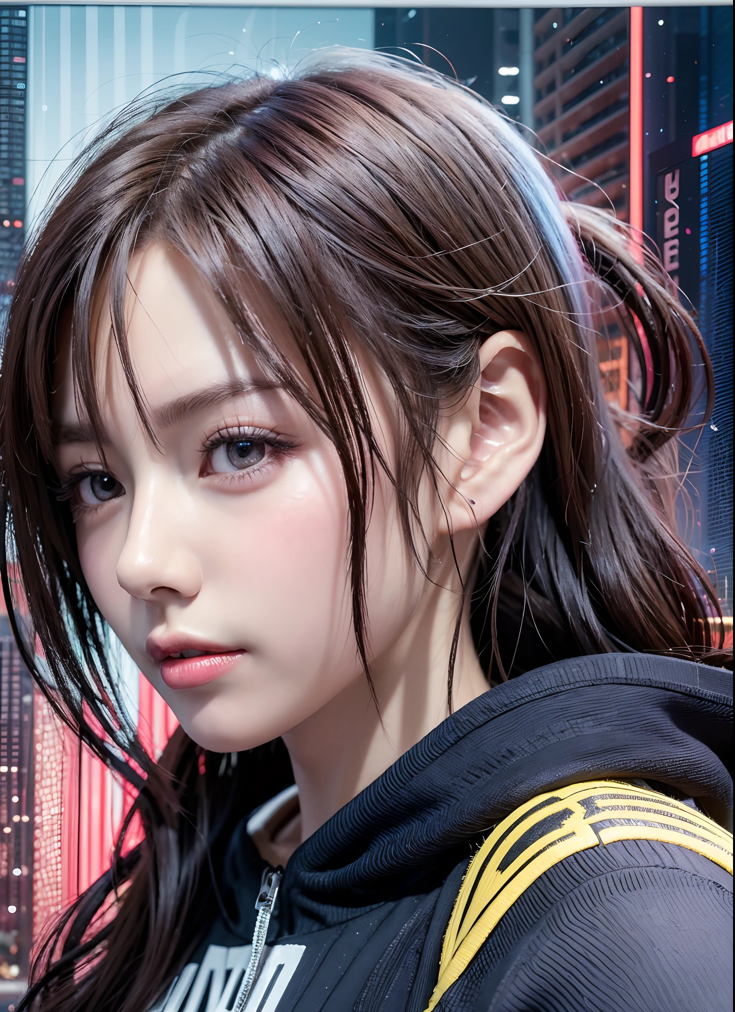 Wear cyberpunk complex streetwear, Beautiful, girl, detailed portrait, 4 k, Bright colors, Concept art, With a cinematic and dramatic atmosphere, Sharp Focus, Volumetric lighting, Cinematic lighting, Studio Quality