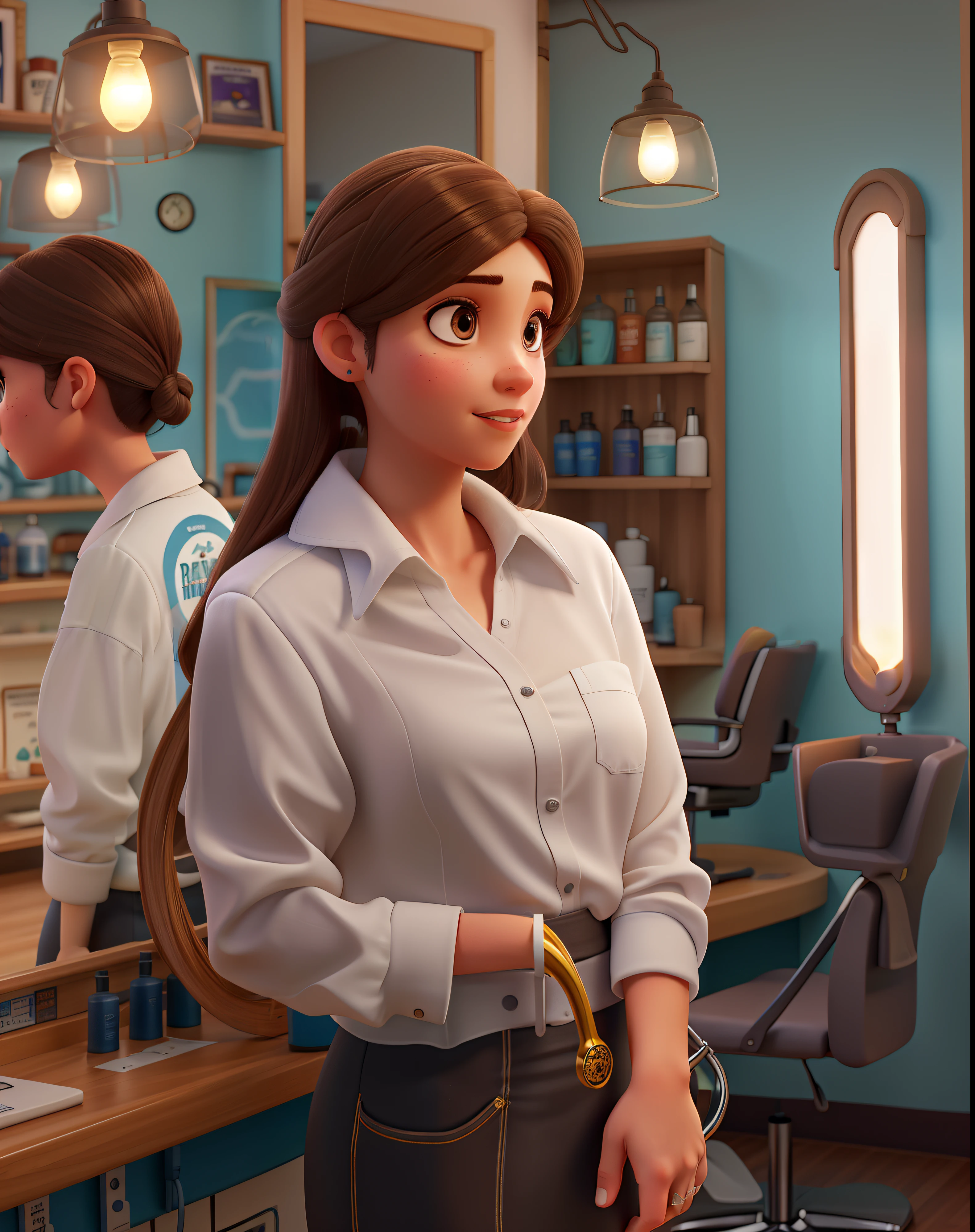 Una mujer blanca, Agua baja, trazos finos, con flequillo, Large, straight brown hair, ojos marrones, De pie al frente, Vestir ropa elegante, Sosteniendo unas tigeras y una maquina decortar, illuminated by the light of a lamp, With the backdrop of a barbershop with a name logo "reyes studio", Alta calidad