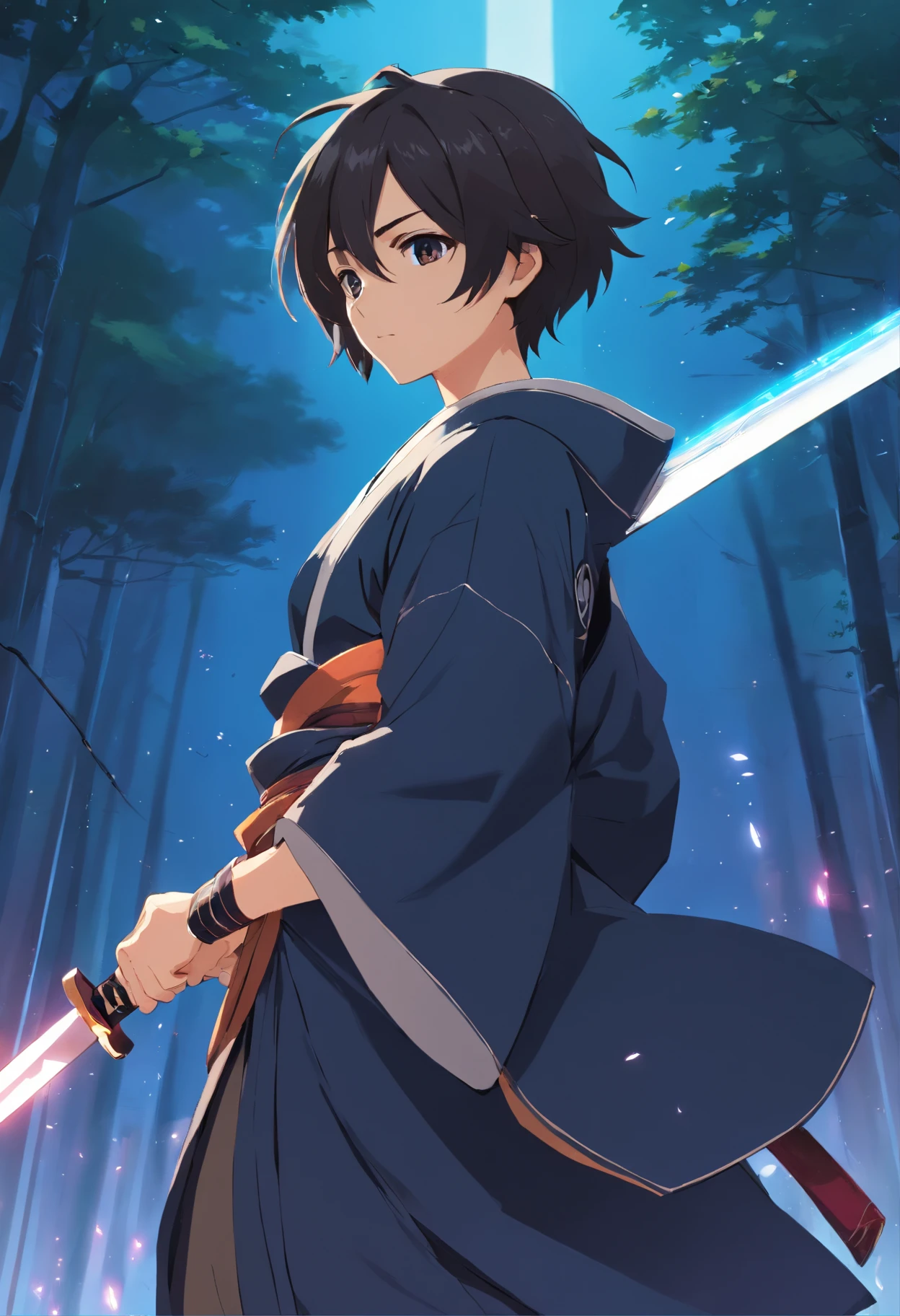 Menino de 14 anos branco de cabelo um preto avermelhado usando uma roupa samurai preta, com uma espada quebrada, olhos pequenos, Humor sombrio