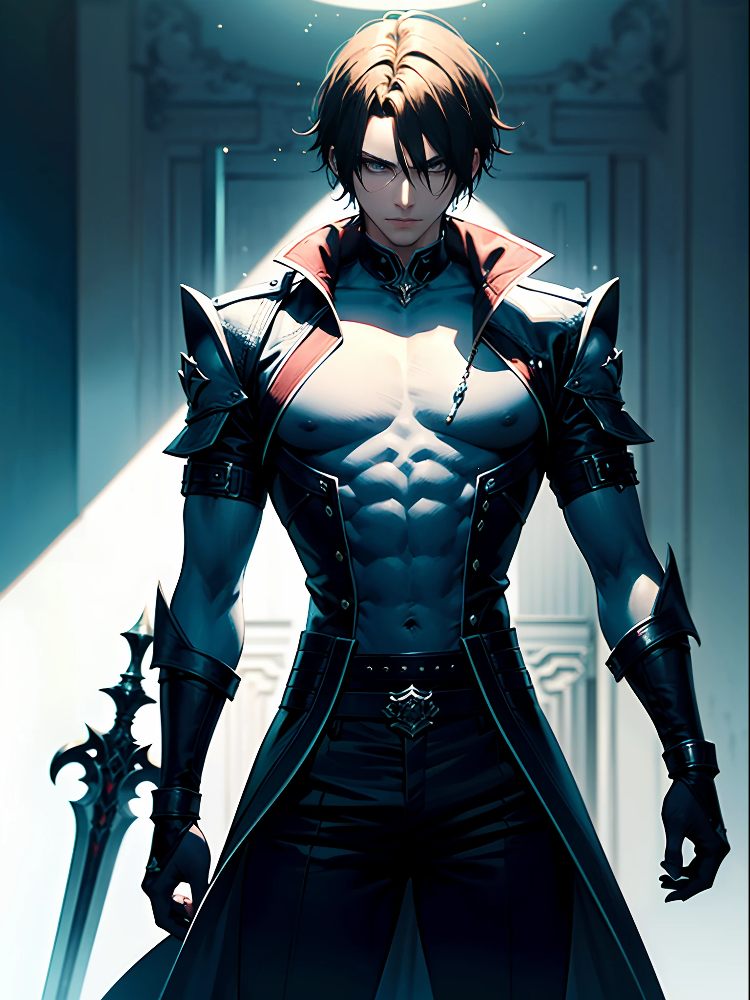 Design me a male character, a cool male character, his quote is "Serving the light while working for the darkness", his occupation is an assassin, his weapon is double sword, his posture should be sturdy, he wear cool attire, make sure to put the goddess of light and the goddess of dark behind him to ensure that his quote is true, in addition please make sure there are no ugly face, no ugly eyes, only the best, make sure again no ugly fingers, no multiple hands, no multiple legs, no multiple faces, and make sure the image quality is top notch, make sure again this image is attention grabbing and looks very impressive. Make sure you make the image fit with this command.