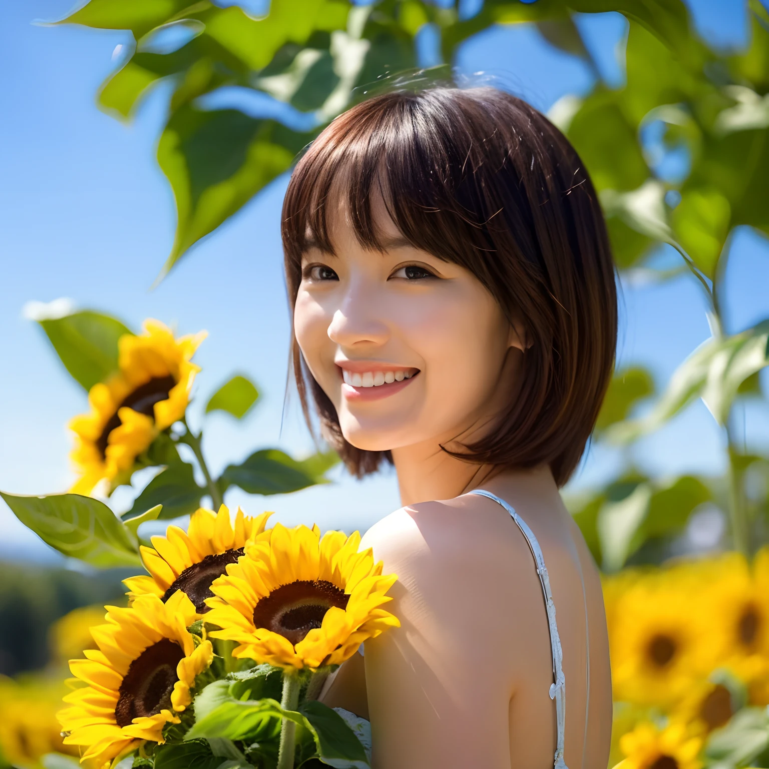 Best quality, ultra detailed, sunny, blue sky, beautiful lady, cute lady, smile ,Bob cut short hair, sunflowers, photo realistic
