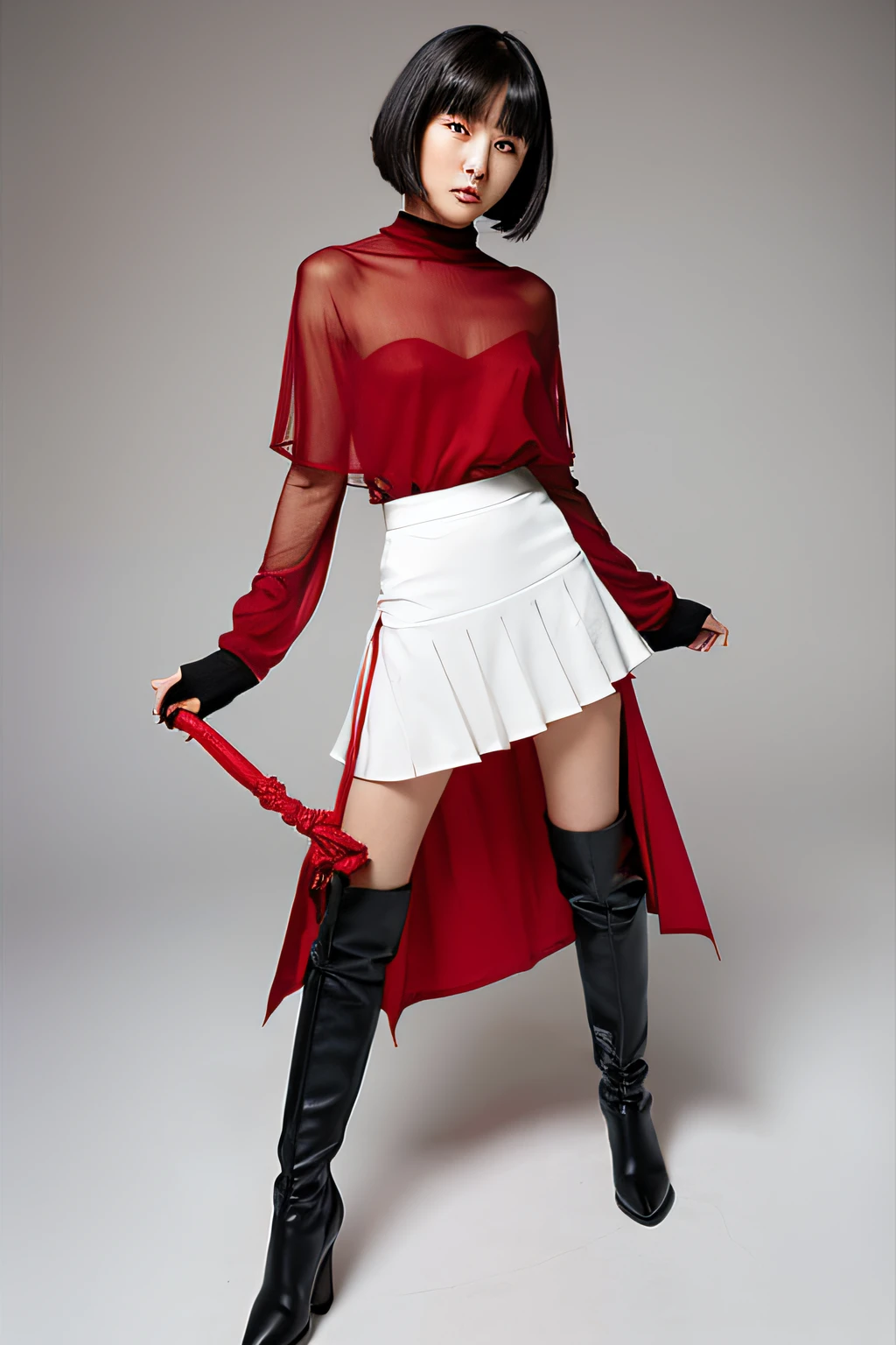 White background in studio. A villain played by a Japanese age actress (wavy bob, black hair), wearing a seductive villain costume (black and red, sheer skirt, boots), standing, holding a whip.