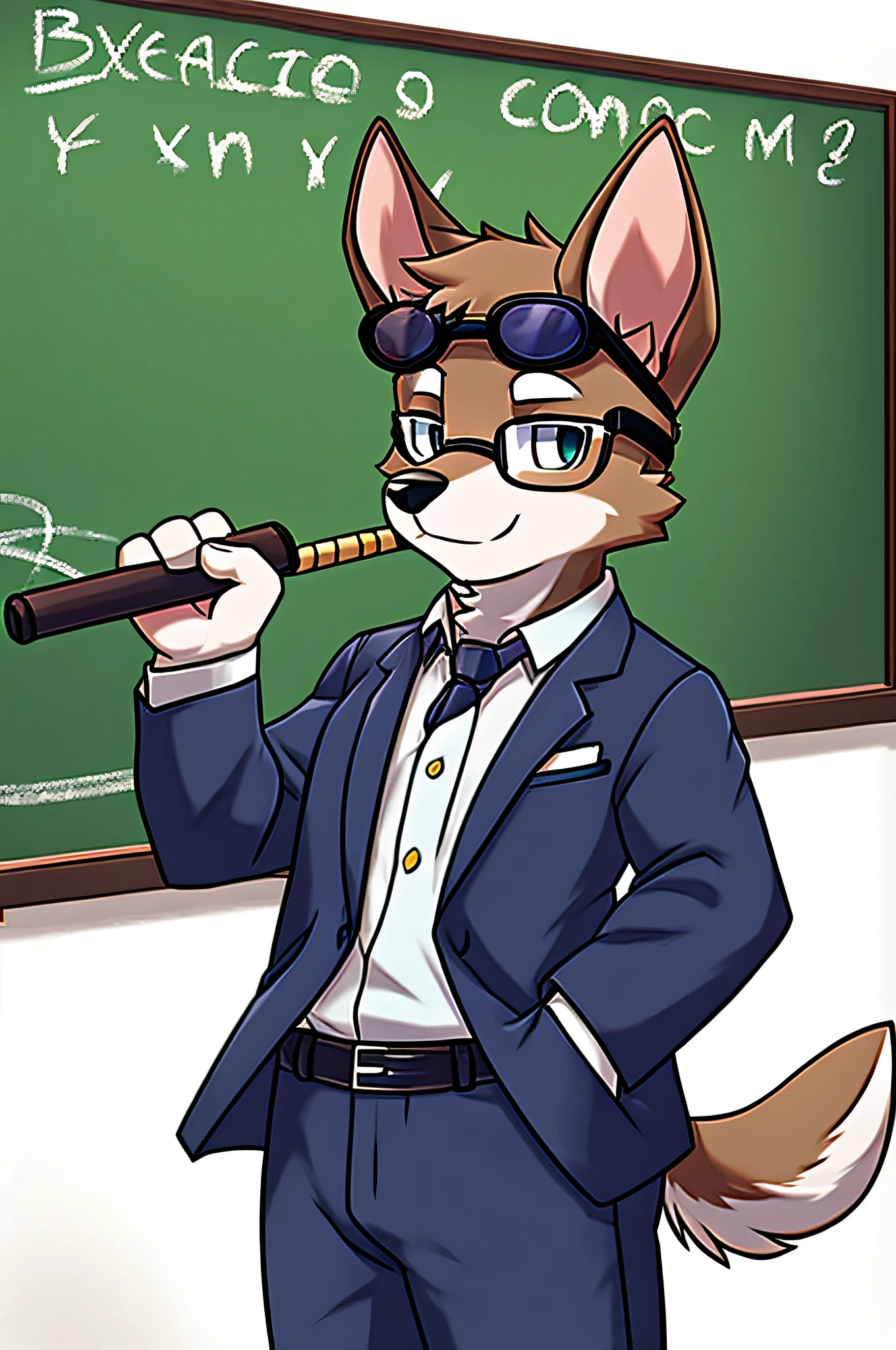 put on glasses、Wearing a suit、Facing the blackboard、Explain with a baton、Labor Schnauzer Dog、Classroom