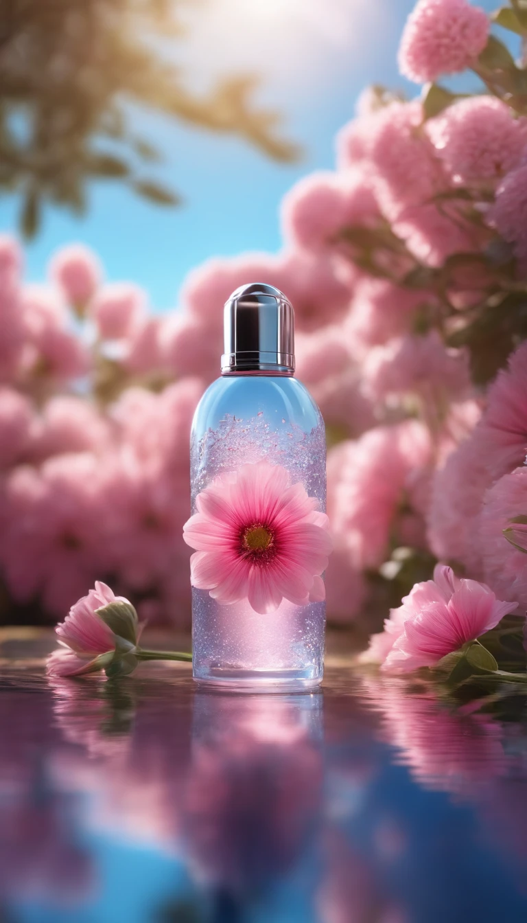 Super realistic scene, makeup bottle, surrounded by pink flowers wrapped around, blue sky background, water, sunlight, low perspective, blender, product rendering, HD 8K。 --v6