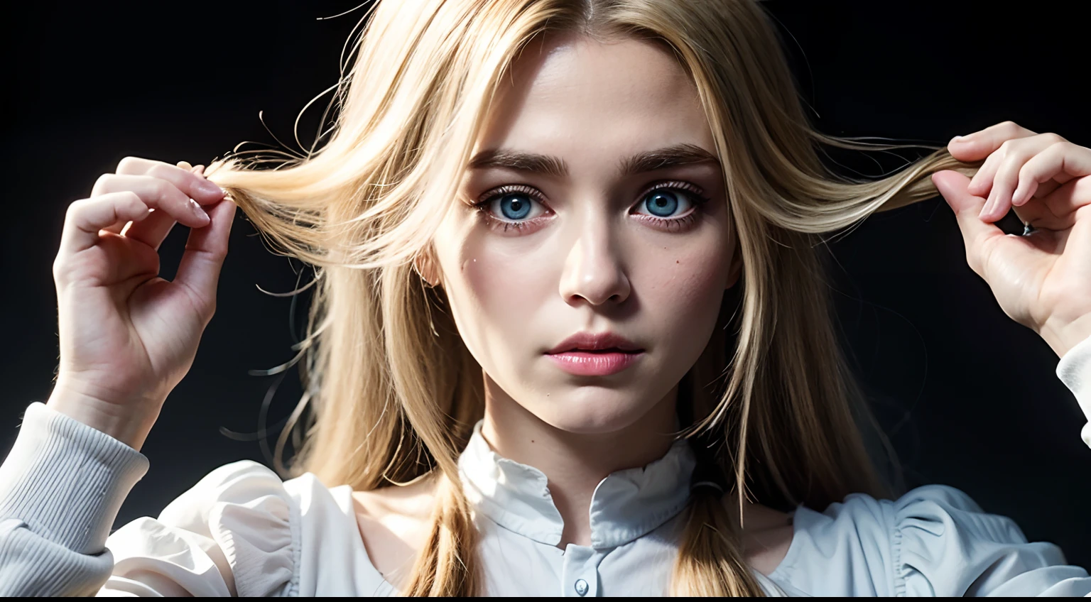 historia, white shirt, long sleeves, upper body, beauty, German, blonde, long hair, blue eyes, 18 years old, extremely beautiful face, exquisite face, black background