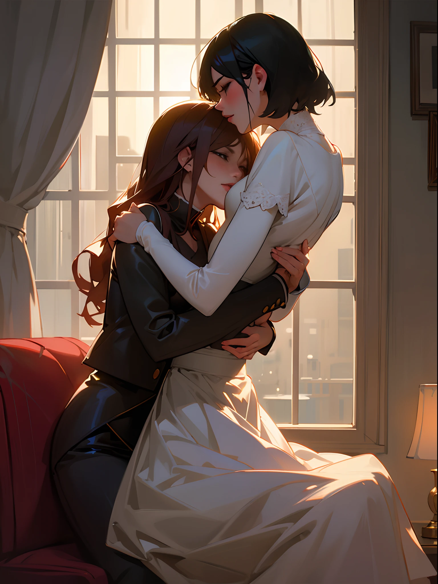 Two women sitting on a man's knees while the man caresses their hair and they look at him with desire