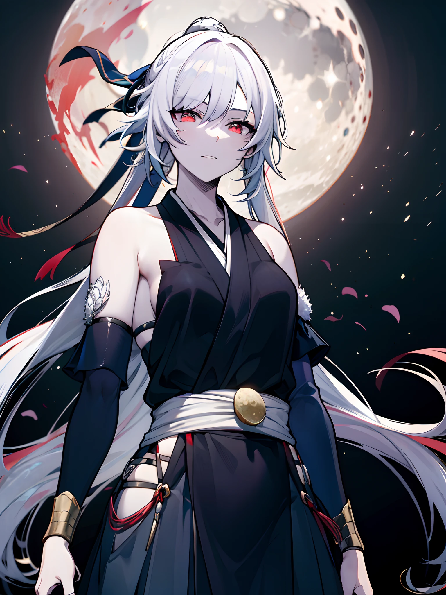 (masterpiece:1.2), (pale skin:1.2), (solo:1.2), (female:1.1), (emphasis lines:1.3), ponytail, white hair, long hair, (black hakama:1.2), bare shoulders, outdoors, moon, black dress, long black armbands, red eyes