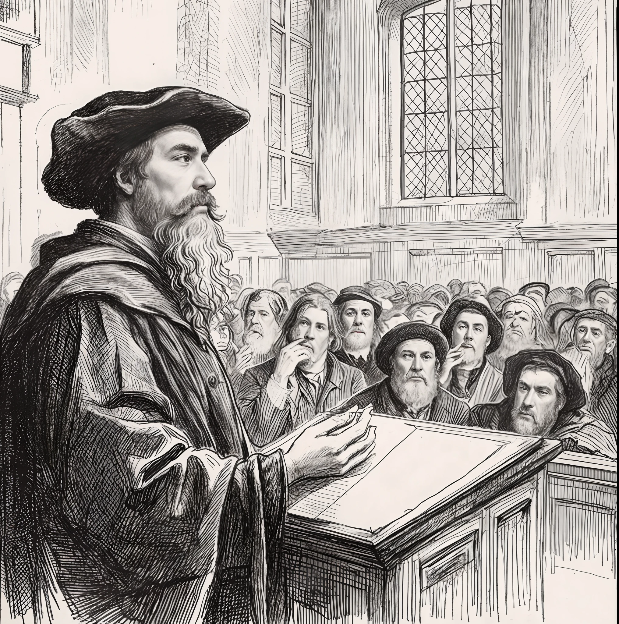 A drawing of a man standing on a podium in front of a crowd, Directed by: Johann Bodin, erudito, a mid-nineteenth century engraving, uma gravura, Desenho de Gustave Dore, estudioso renascentista vestido, erudito, 17th-century, Hans Holbein, by Salomon by Abbé, Directed by: Bartolomeu Strobel