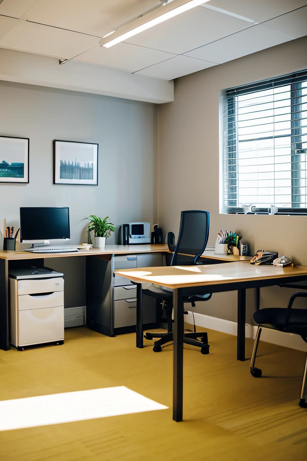 Small Office、IT Corporate Room、There is a painting in the middle of the wall、Light grey floor、The painting on the wall is a sharp design、Tokyo Skyscape、large windows with good ventilation、brightly lit room、The office of the near future、Clear light、The chair is black、The desk is white、houseplant、Edge lighting、The desk is in the middle of the room、Building Outline Style、16k UE5. Superfine、8K、nffsw、Product Photography、depth of fields、Nikon D850、Ultra-realistic、No contrast、Clean Sharp Focus、Professional、No blurring