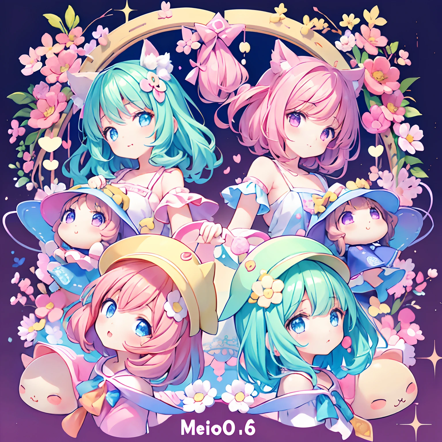 masutepiece, (Million 2 Girls and 2 Girls and 2 Girls), Idol, gros-plan, Big eyes, Kawaii Tech, kawaii, Cute, Pastel colors, Best Quality, Happy, Deep background, Symmetrical, Head Tilted, spring