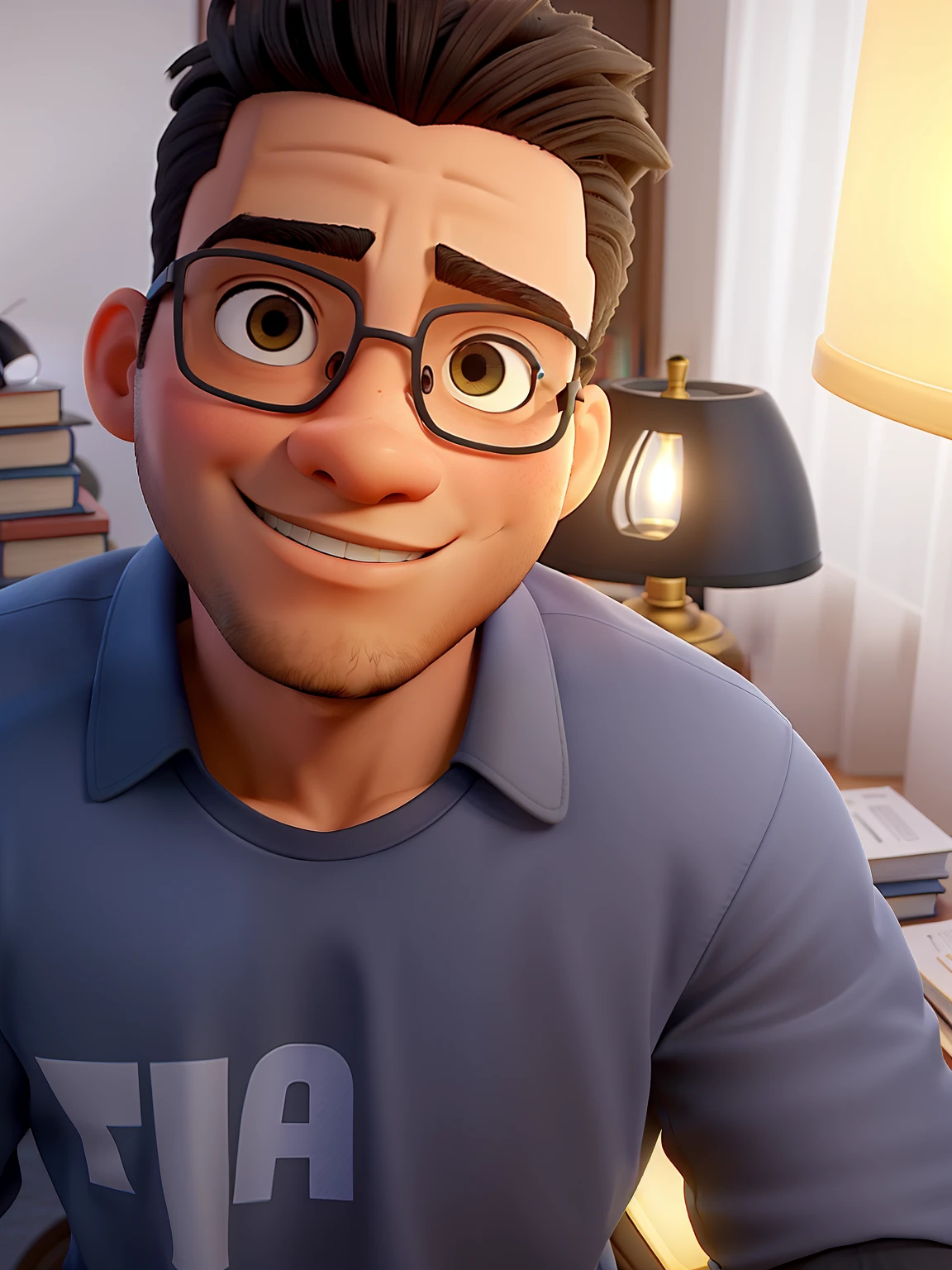 Um Jovem gordo e negro de cabelo liso parado na frente, illuminated by the light of a lamp, contra o pano de fundo de uma biblioteca