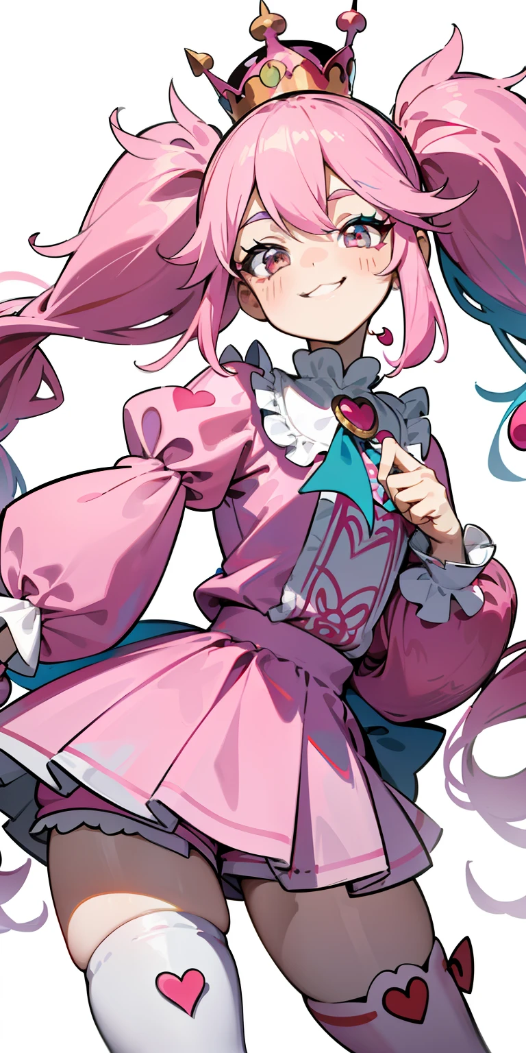 1GIRL, insane girl in long pink hair, crown, princess bubblegum style, finely detailed, (best quality), (intricate details), cute style, , jester style, multicolored, ((long pink messiest hair in pigtails)), best quality, ((long sleeve shirt and shorts)), ((red and white clothes)), ((jester style clothes)), ((thigh high socks)), ((round eyes)), ((has jester makeup)), beautiful face, happy, cute face, pinup, perfect face, simple background portrait, clowh hear cards, bubble gums