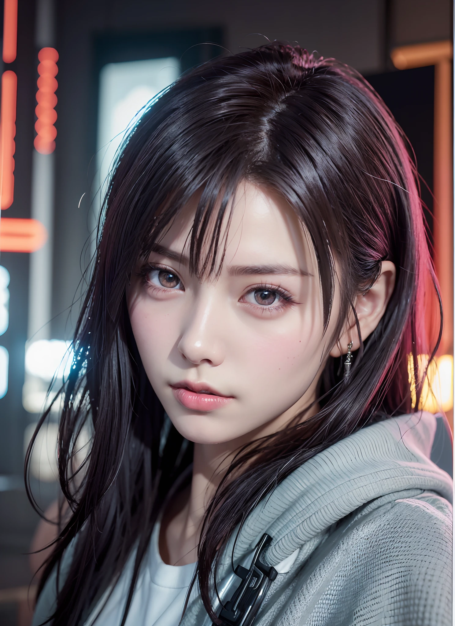 Wear cyberpunk complex streetwear, Beautiful, girl, detailed portrait, 4 k, Bright colors, Concept art, With a cinematic and dramatic atmosphere, Sharp Focus, Volumetric lighting, Cinematic lighting, Studio Quality