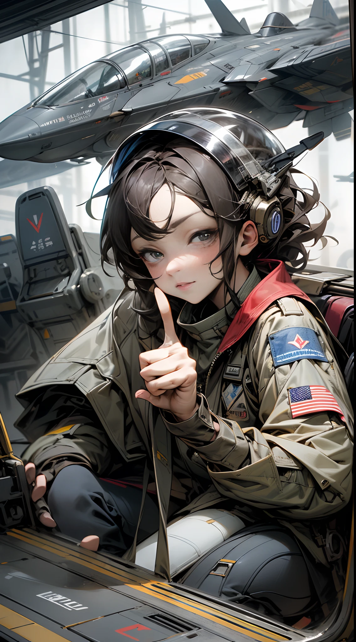 Young and beautiful female fighter pilot in pilot suit and MA1 jacket、Impressive images of boarding an F-35 fighter jet at a ground air base。 She is facing the viewer and、He makes a thumbs-up gesture with the hand that does not hold the helmet。 Her other leg was already on the jet ladder.、It captures the moment just before you get into the cockpit for a mission。 The background contains details of the air base,、The action of the pilot and the powerful posture of the jet aircraft are emphasized。