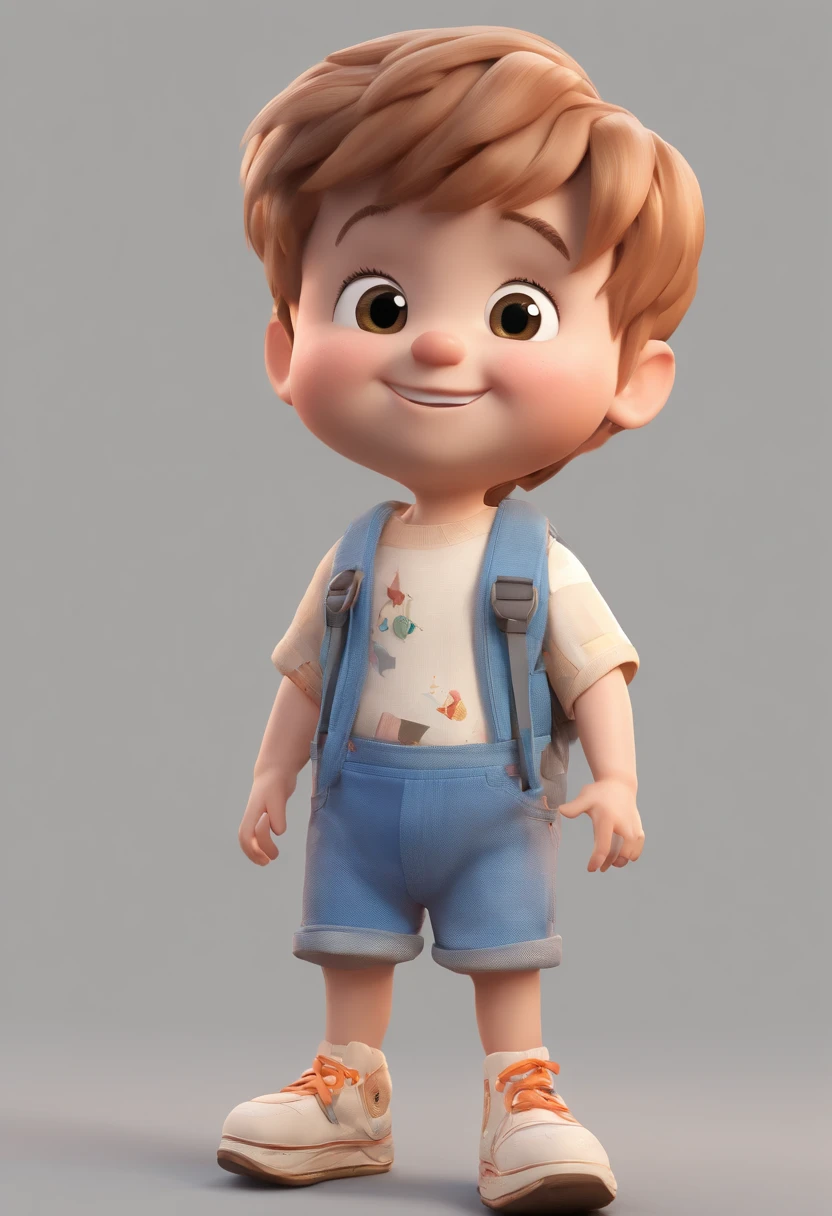 happy boy, cartoon, detailed face, multiple poses and expressions, white background, book illustration style, Disney Pixar style, 3d, simple, cute, 6 years old, bright colors, short light brown hair, light skin, light blue shirt short-sleeved, denim shorts, intricate details, kneeling on the floor, sideways, profile, looking down, expression of happiness, smiling