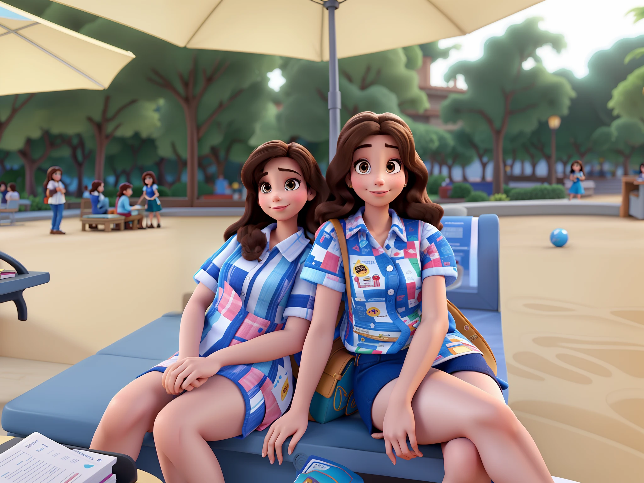 Two brunette women Disney Pixar style, alta qualidade, melhor qualidade, pano de fundo biblioteca