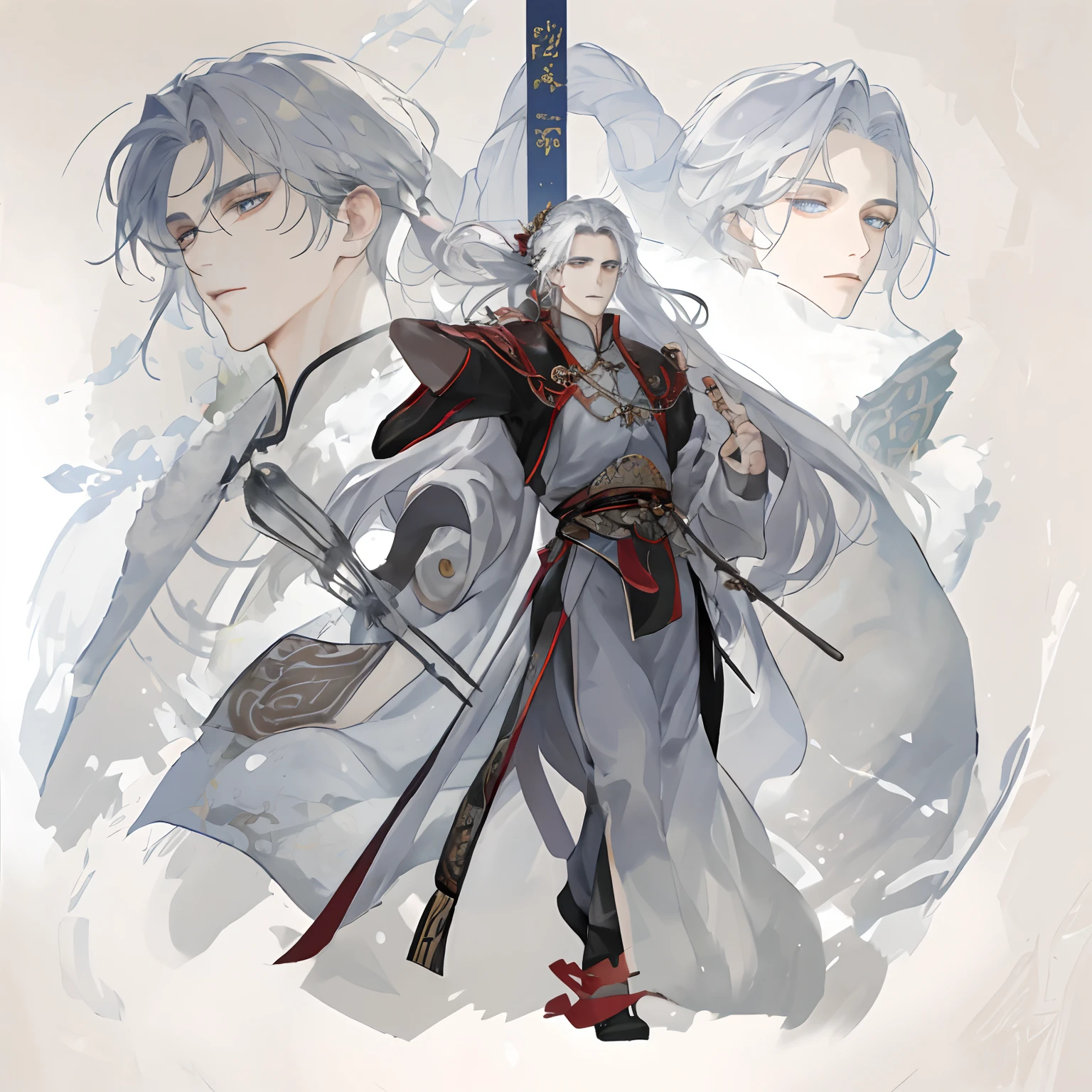 male people，long  white hair，Chinese style，Place the amulet on your chest with one hand，Hold the whisk in one hand，Zuo Ci，Handsome face，manifold，Robe，male people，10 head body，Gorgeous bun