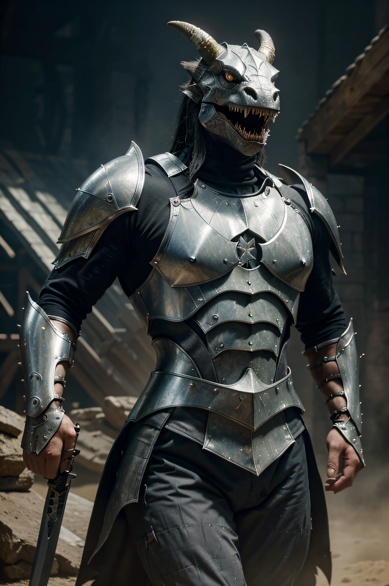 Knight Templar in full armor with sword and shield, highly detailed, 8k, Illumination globale, Grand angle, Rayons divins background A fierce battle between Tyrannosaurus rex, (Best quality, 4K, A high resolution, ultra - detailed), Fierce struggle, Roars and horns, Dusty prehistoric landscape, realistic shaded, Vivid colors, (A detailed, 复杂, exquisite) Dinosaur scales and textures, Dynamic movement, (furious, determined) The expression on the face of a dinosaur, (stark, Muscular) institution, Sharp teeth and horns, (big assa, imponent) Size, (Dramatic, Dynamic) illuminating, (stark, Energetic) enhancing, (Tension, Anticipation) In the air,1 vs 1,bloods,hunting,Defense dose,A fight to the death