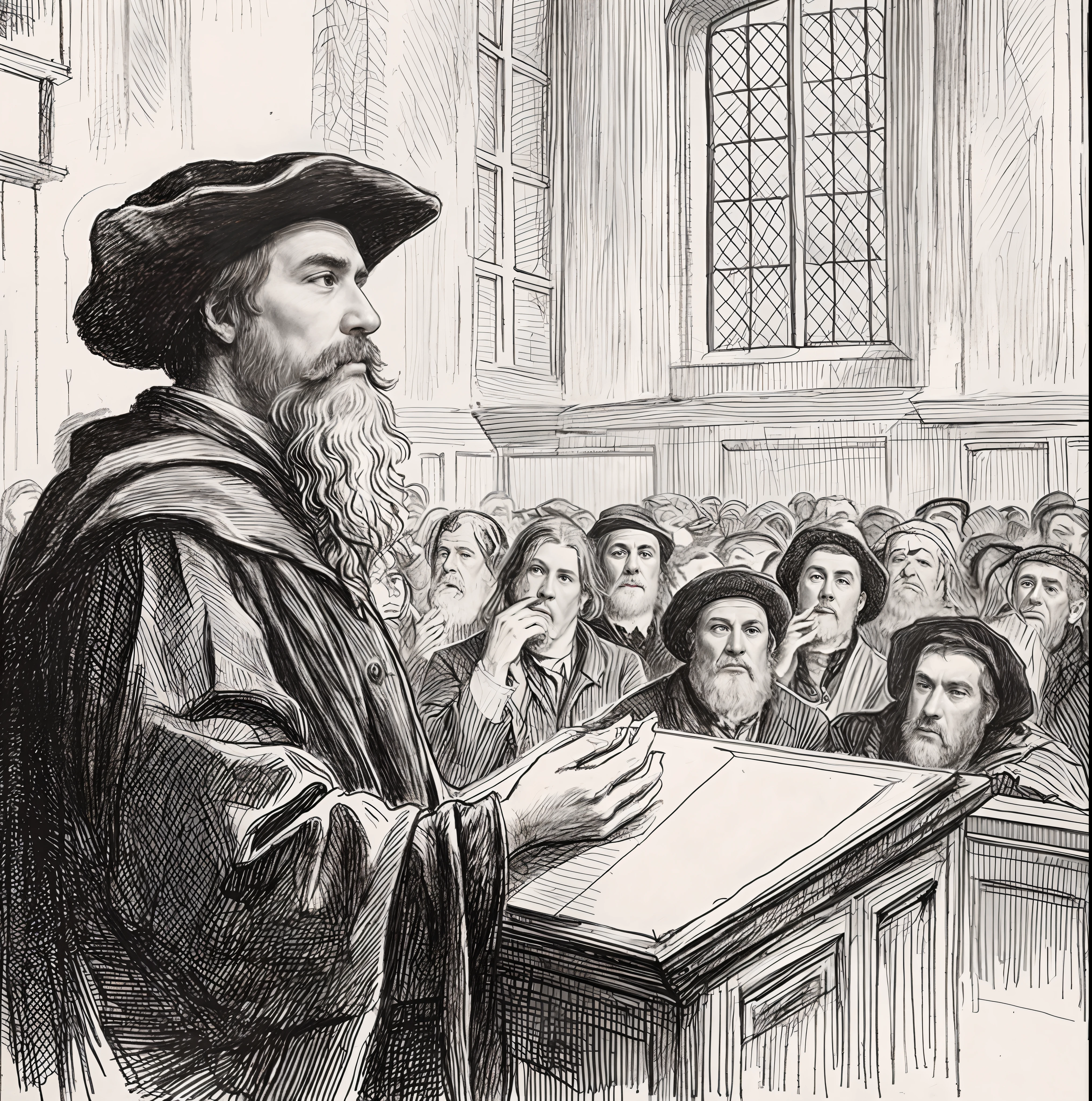 A drawing of a man standing on a podium in front of a crowd, Directed by: Johann Bodin, erudito, a mid-nineteenth century engraving, uma gravura, Desenho de Gustave Dore, estudioso renascentista vestido, erudito, 17th-century, Hans Holbein, by Salomon by Abbé, Directed by: Bartolomeu Strobel