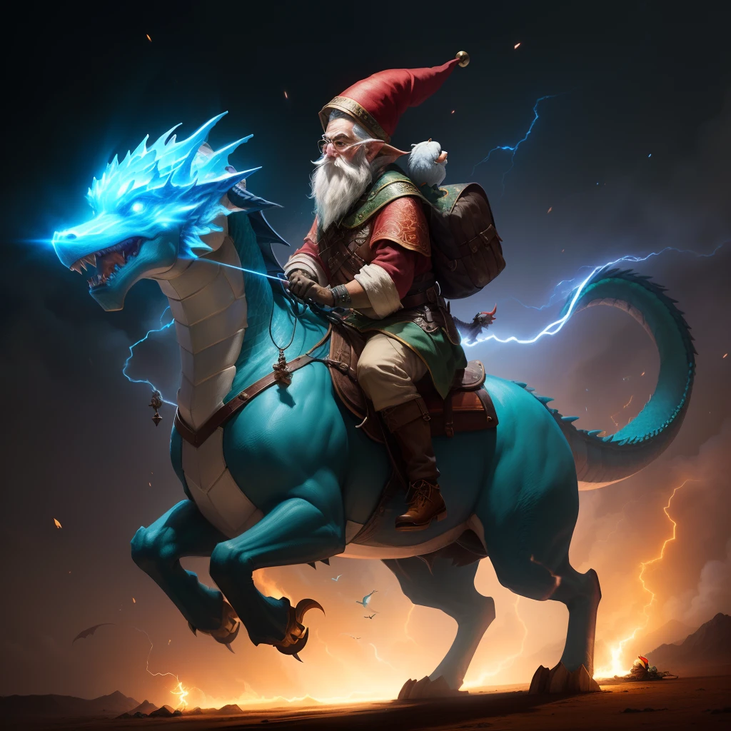 A Gnome riding a dragon with lighting all around
