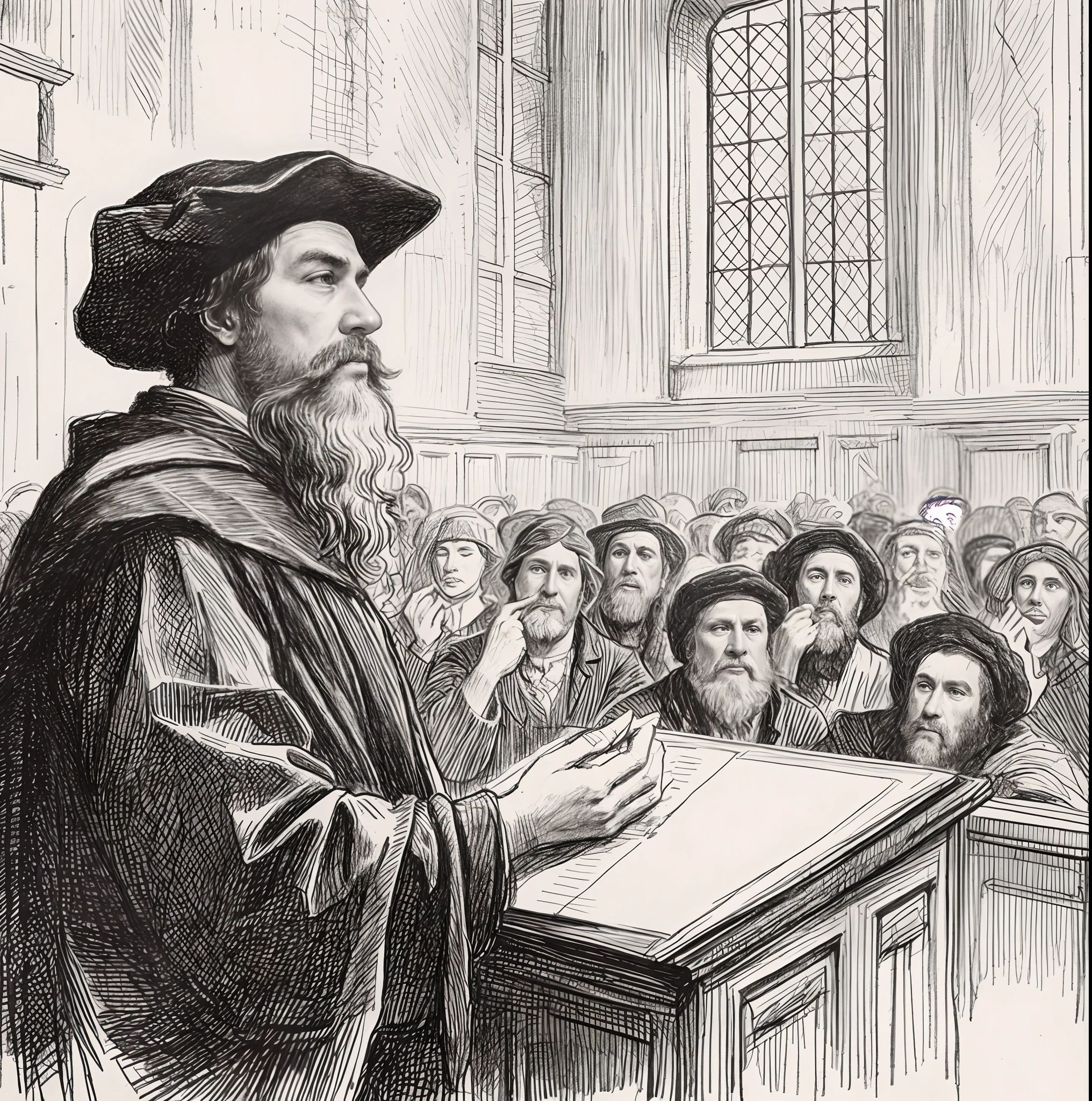 A drawing of a man standing on a podium in front of a crowd, Directed by: Johann Bodin, erudito, a mid-nineteenth century engraving, uma gravura, Desenho de Gustave Dore, estudioso renascentista vestido, erudito, 17th-century, Hans Holbein, by Salomon by Abbé, Directed by: Bartolomeu Strobel