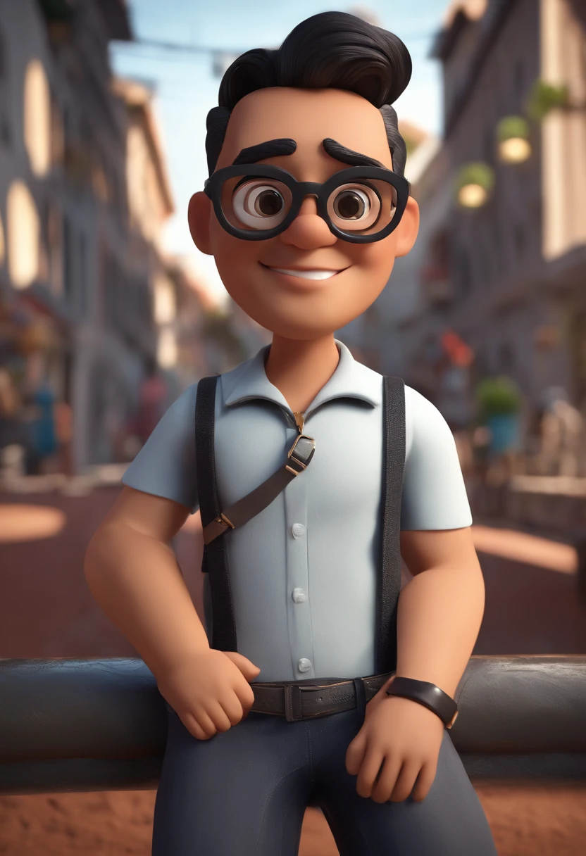 Cartoon character of a man wearing black glasses and a black and white shirt , um personagem animado mexendo alegremente no computador da empresa boxcred, Caractere estilizado, animation style rendering, 3D estilizado, Arnold Maya render, 3 d render stylized, toon render keyshot, Personagem 3D, Personagem 3D, 3d rendering stylized, 3 d character render, personagem de desenho animado, Personagem de close up, Pose de personagem, (Estilo Pixar) (master part:1.2) (Bokeh) (best quality) (pele detalhada) (textura detalhada) (8k) (argila) (Cinematic lighting) (foco nítido，Senta e vaza a parte superior do corpo