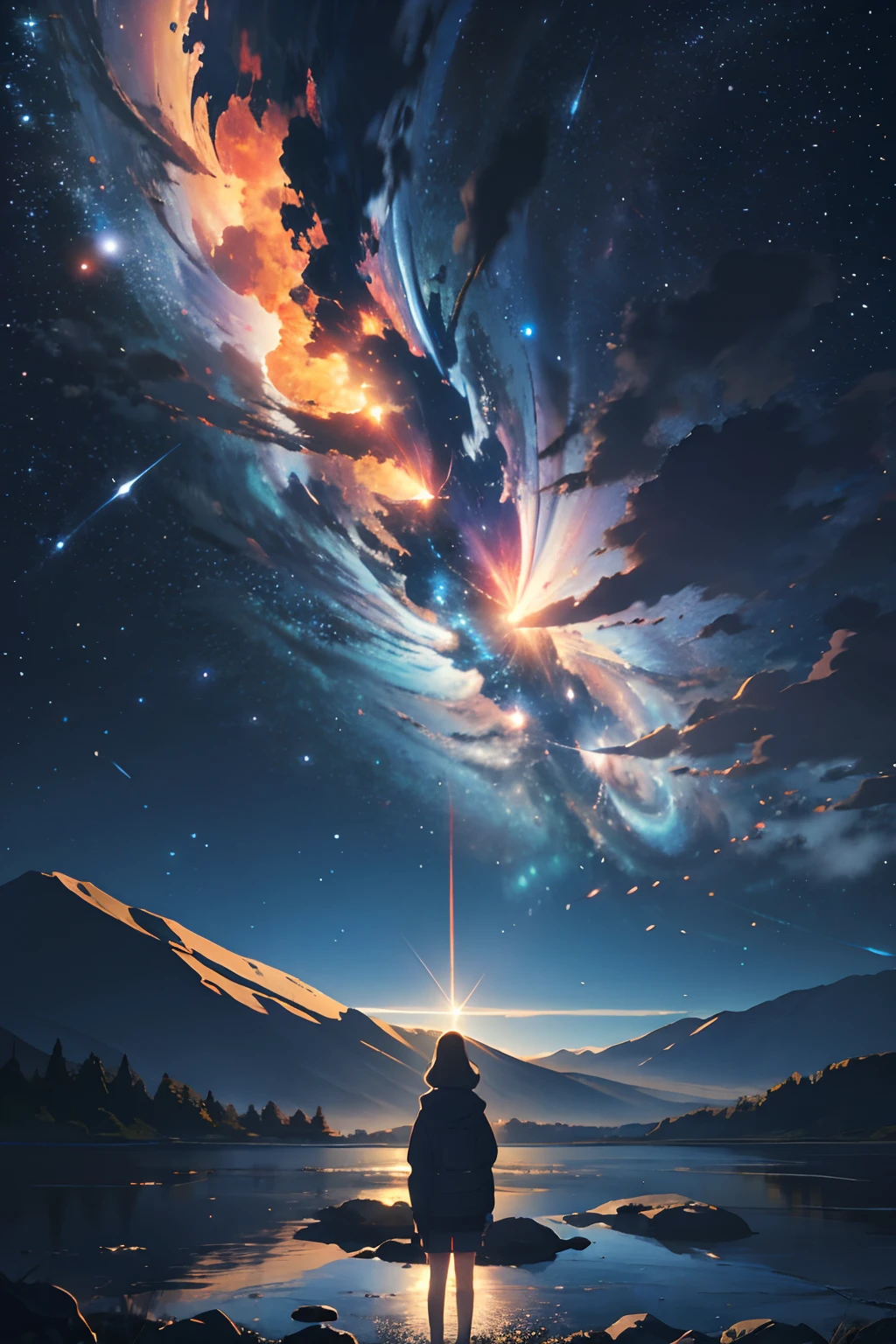 masterpiece、Background with((Fantastic starry sky、kosmos、black hole))、A person is standing in the distance、Has a small