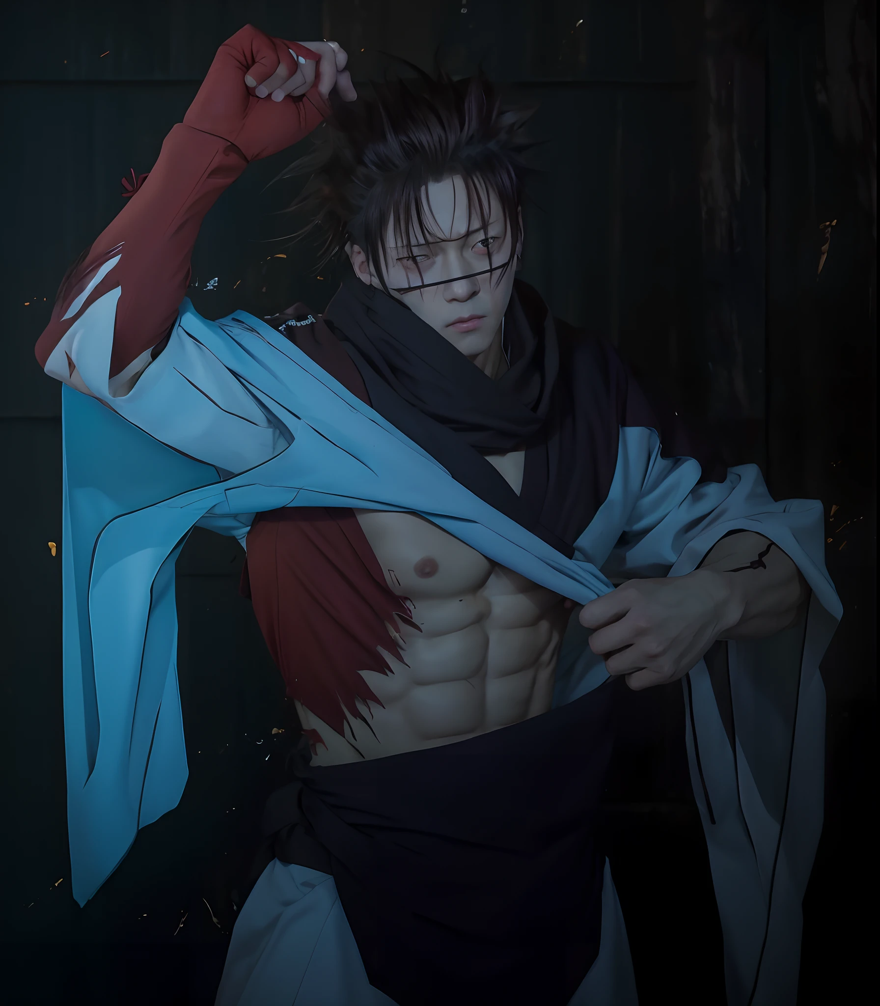 jujutsu kaisen, brown hair, white long outfit, hands together, tired face, choso from Jujutsu kaisen, choso showing abs, abs, ???? man, choso abs, anime, looking at you blank stare