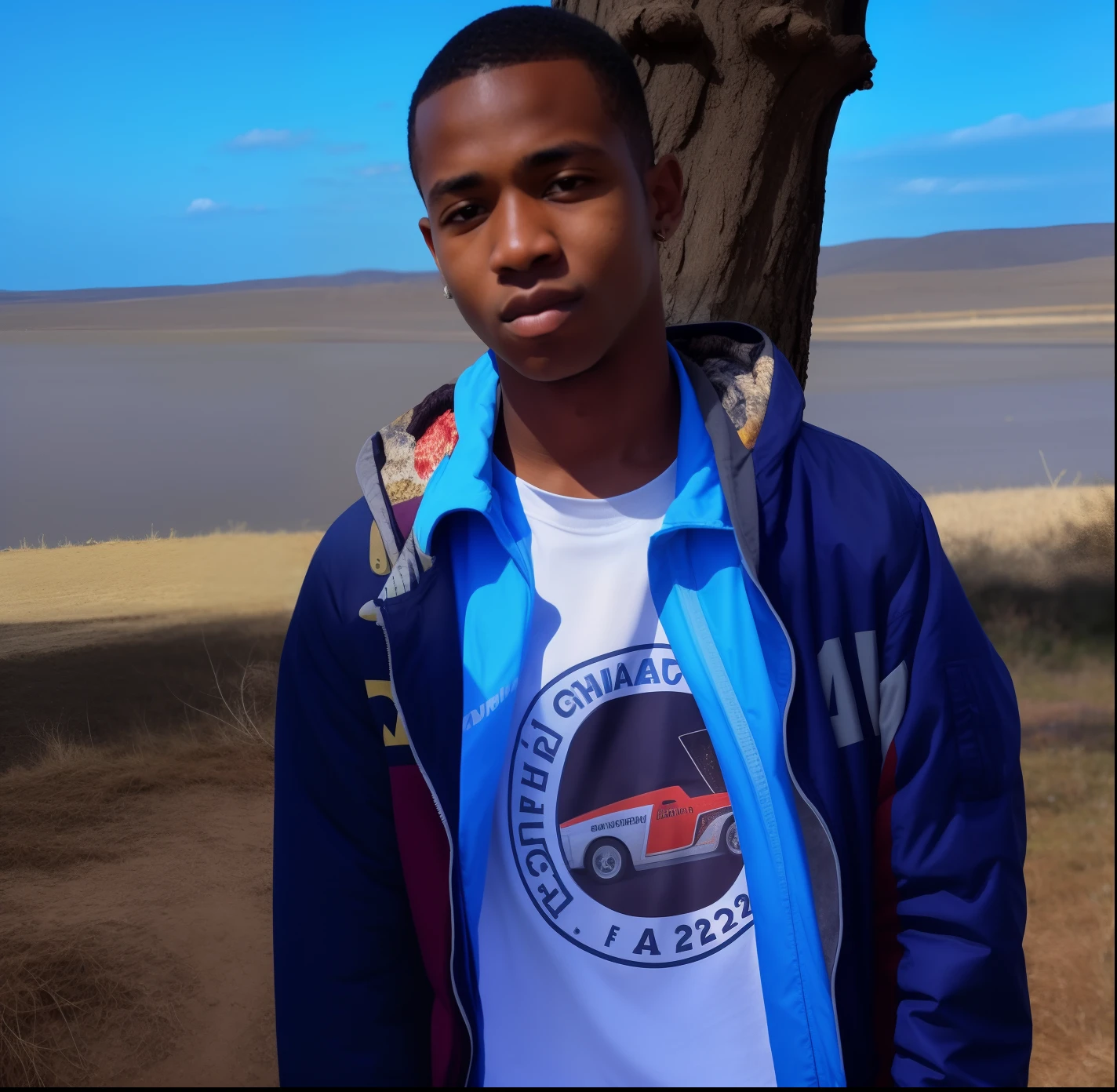 There's a young man standing next to a tree wearing a blue jacket, Riyahd Cassiem, taken in the early 2020s, tiradas em 2022, tomada em 2 0 2 0, adolescente negro, Fotografia tirada em 2 0 2 0, Emmanuel Shiru, Jorge Pemba, Godwin Akpan, 13 anos