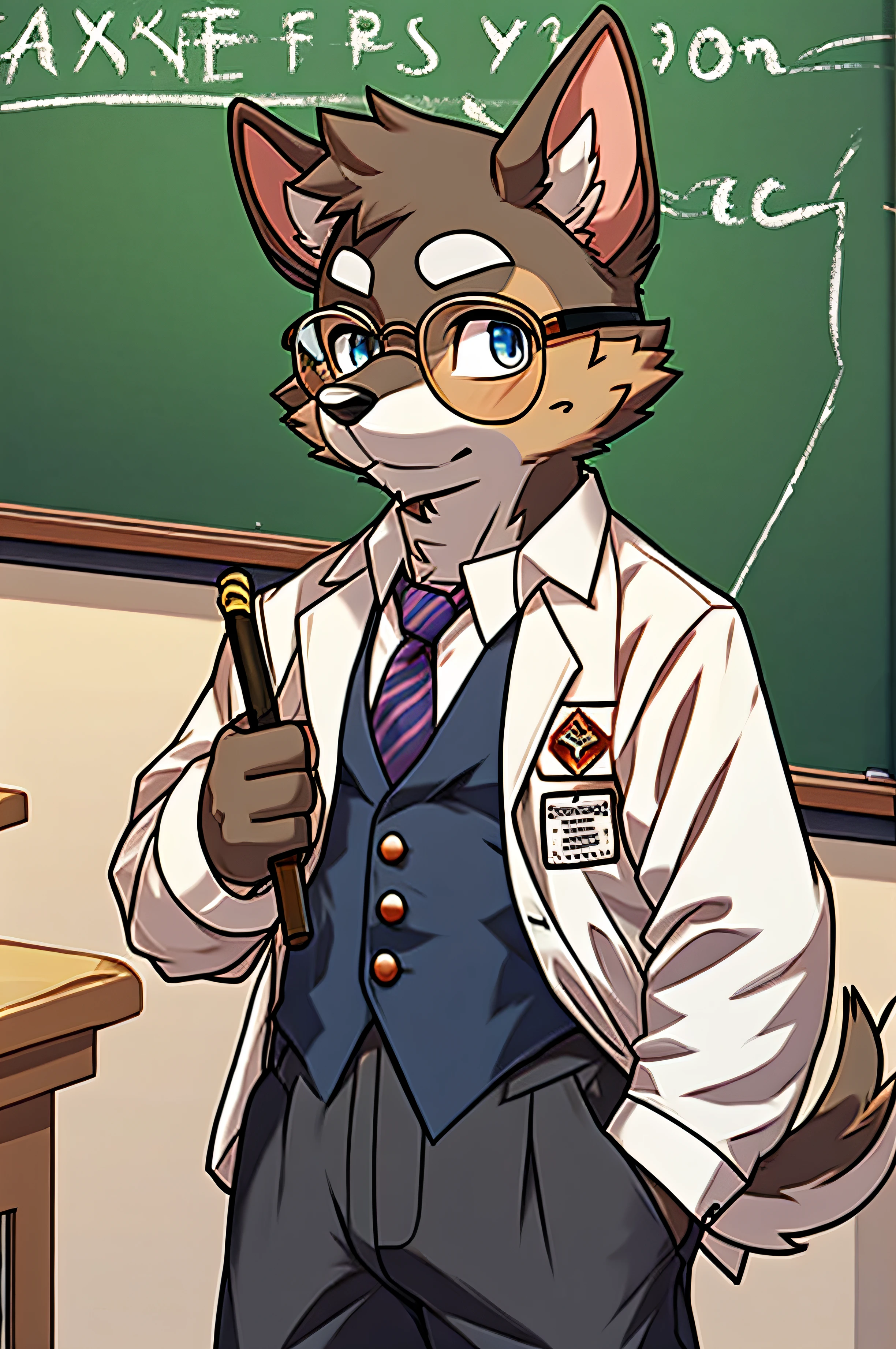 Wearing glasses、wearing a suits、Head to the blackboard、Explain with a baton、Old Schnauzer Dog、‎Classroom
