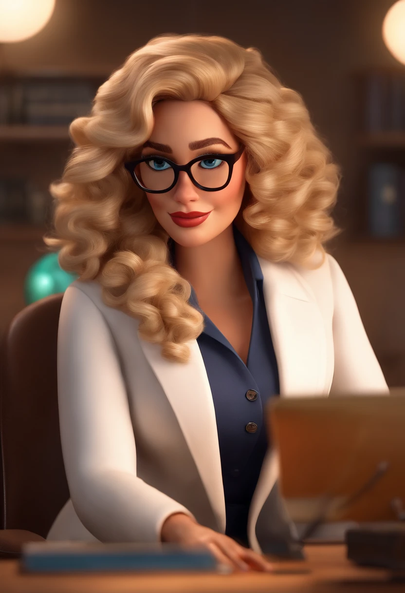 Pixar style image with 3D character glasses BLONDE woman with medium curly hair in white coat working in officeDisney makeup,Pescador, bonitinho, sorridente ,Close-up, Pixar, Disney, Cinema lighting,