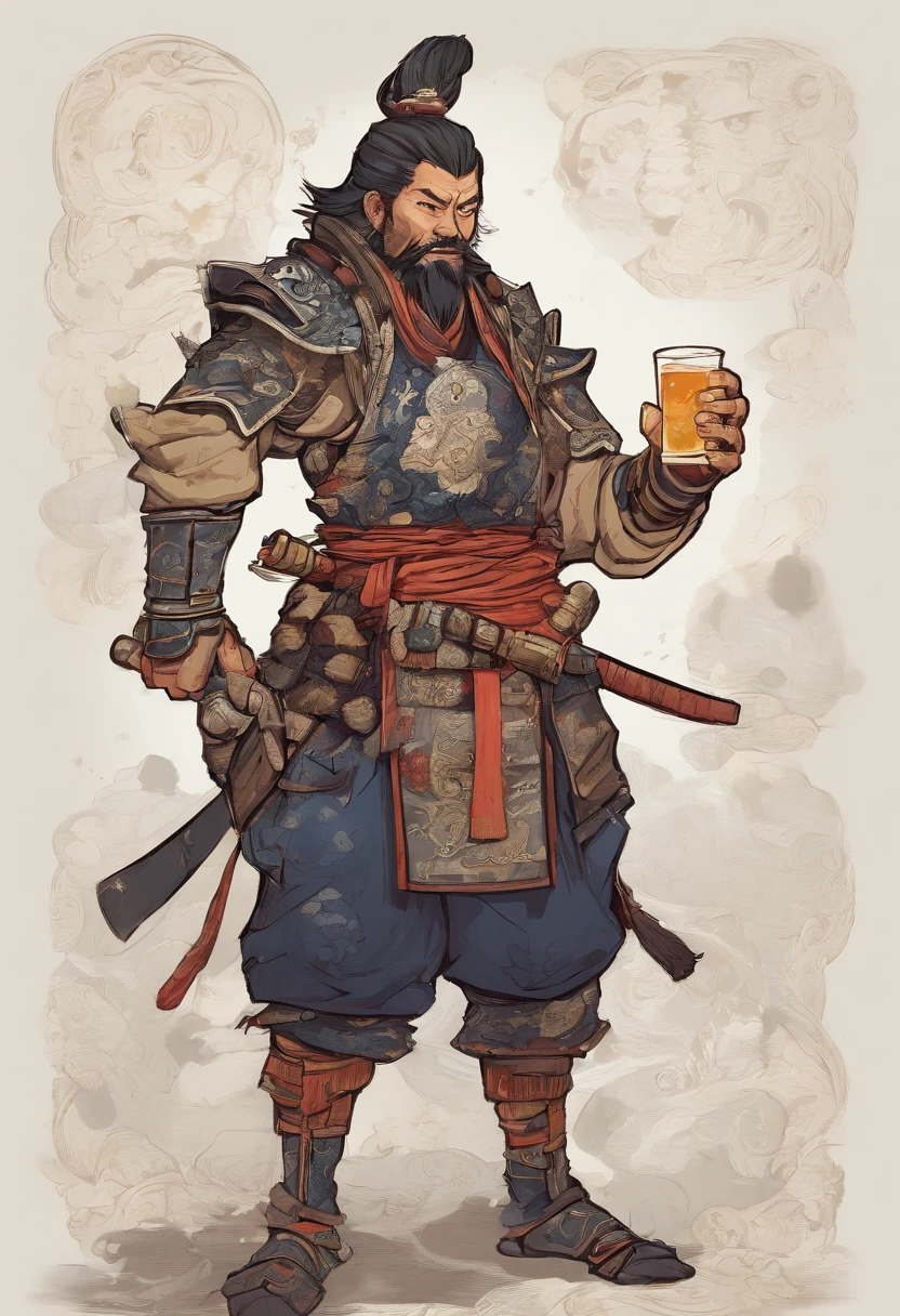 cartoon illustration of a man with a beard holding a glass of water, masamune shiro, samurai man vagabond, masamune, hanzo from overwatch, samurai portrait, clothed in old samurai uniform, portrait of a samurai, highly detailed character, inspired by Gatōken Shunshi, portrait of a samurai warrior, knight drinks beer, highly detailed character design