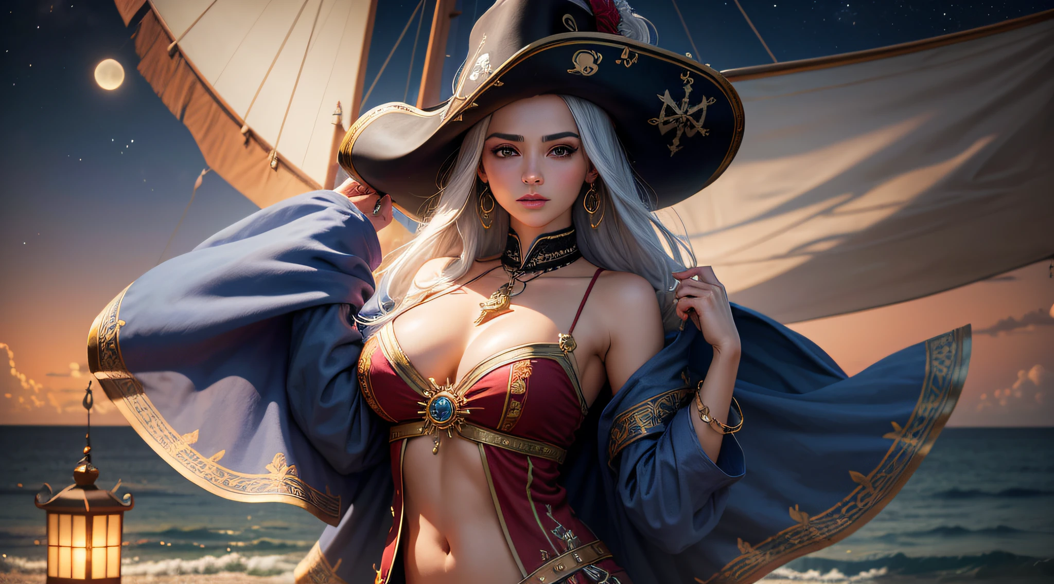 High quality and super realistic pirate hat, uma Pirate Maiden de 20 anos de idade com uma beleza celestial que rivaliza com as estrelas, imagine-a posicionada no leme de um grande navio pirata, Her silhouette set against the shimmering night sky of a crimson moon, The ship itself is a maritime masterpiece, adornada com entalhes intrincados, The ship itself is a maritime masterpiece, adornado com entalhes intrincados, polished brass embellishments and a host of mystical symbols. A pirata escarlate ao luar veste um conjunto resplandecente que mistura azul da meia-noite com tons prateados, adornado com rendas delicadas e pedras preciosas brilhantes,
