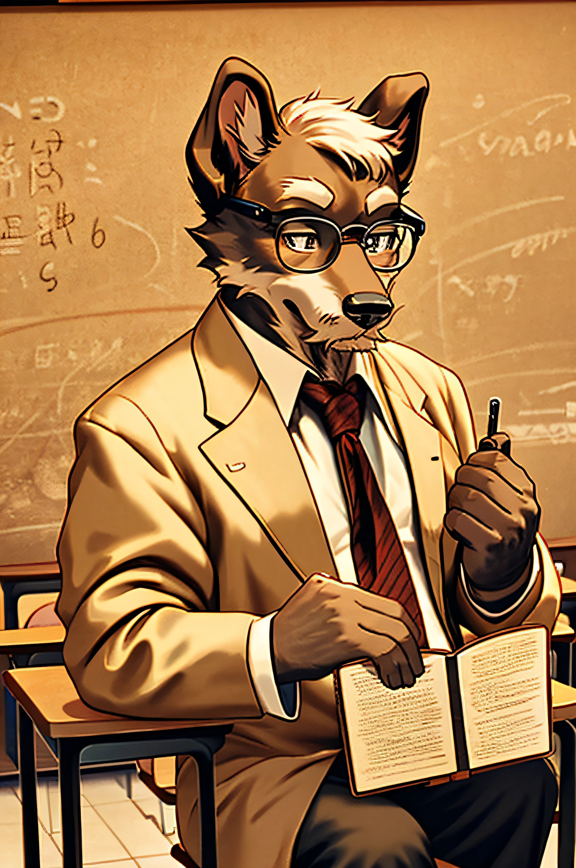 Wearing reading glasses、wearing a suits、Head to the blackboard、Explain with a baton、Grandpa Old Professor、Old Schnauzer Dog、‎Classroom、Vintage Sepia Photography