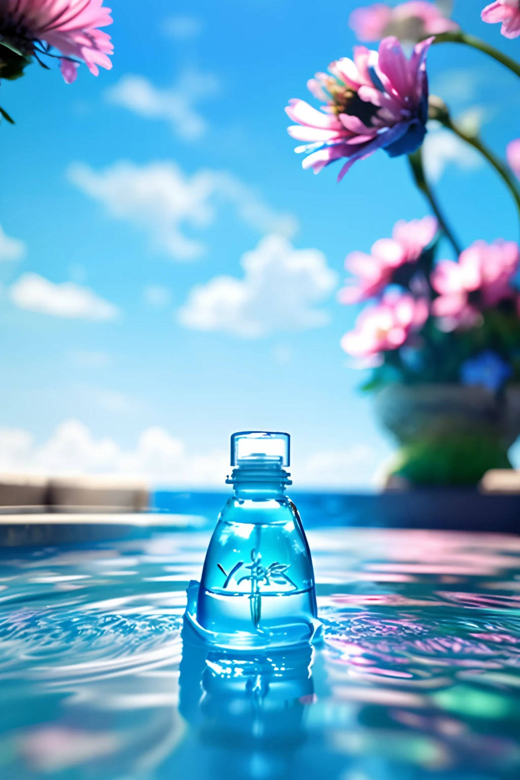 Super realistic scene, makeup bottle, surrounded by pink flowers wrapped around, blue sky background, water, sunlight, low perspective, blender, product rendering, HD 8K。 --v6