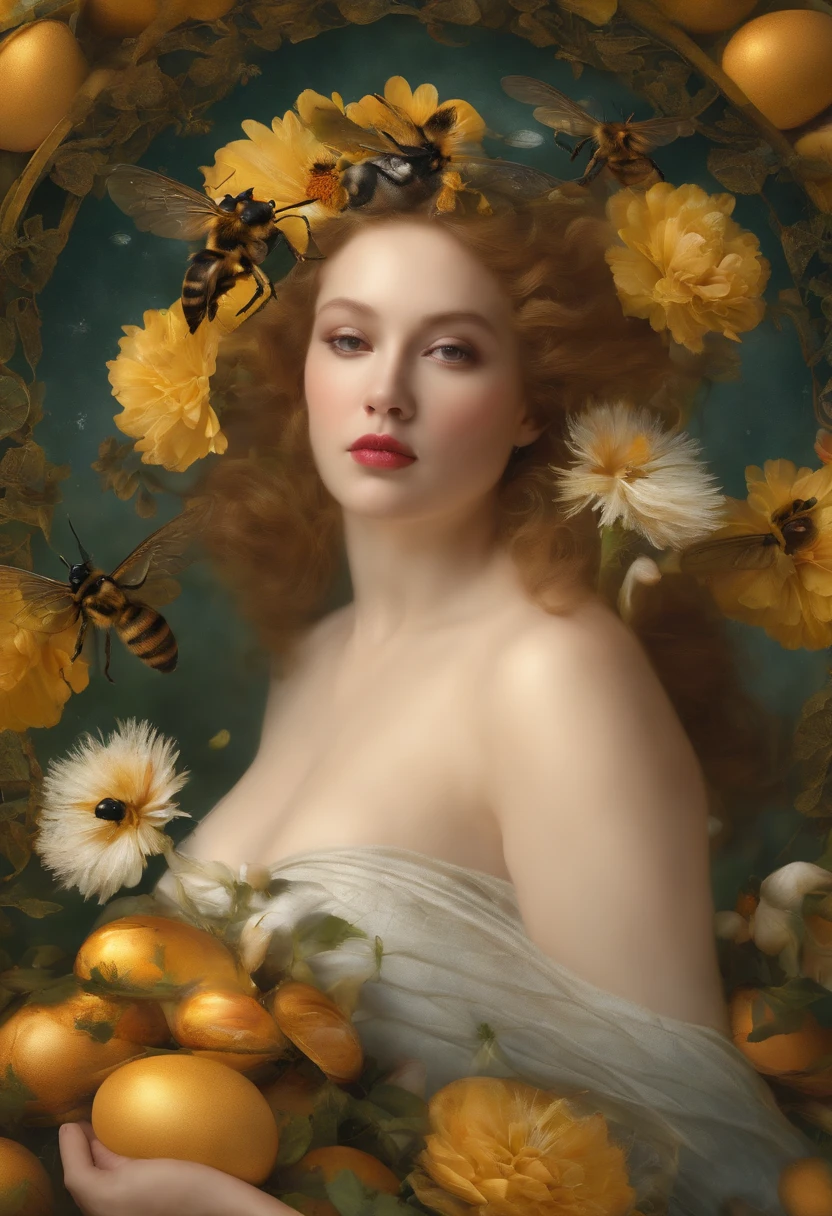 Artistic painting: A girl sleeping under a semi-naked tree. A transparent dress next to her. A basket of strawberries. Above her is a beehive with honey dripping from it, falling on the girl’s face. A bee roaming over her beautiful face, and the rays of the sun are relaxing. The scene is for the viewers.