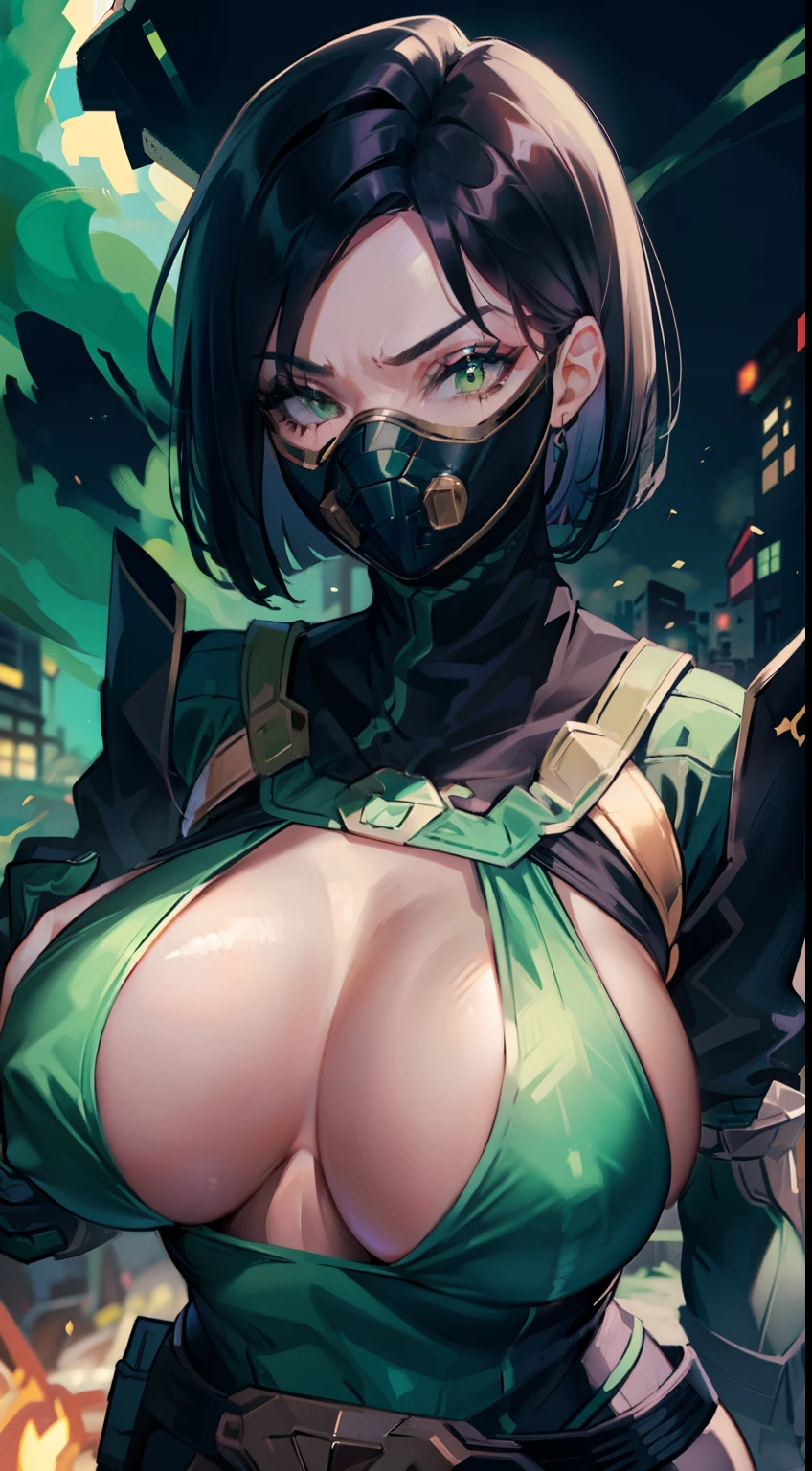 Masterpiece, Best quality, 《Fearless viper》, tightsuit, mitts, belt, thigh boots, respirator, view the viewer, face, Portrait, Close-up, Glowing eyes, green smoke, Black background,huge tit,Women confidently show off their sexy plump body,clothes 99%The kinky is exposed,Raised ,Close-up of a woman,chest focus,Woman in bikini,Laugh angrily,Extremely erotic figure