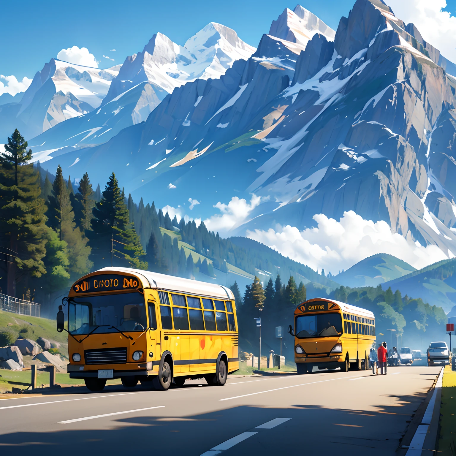 there is a school bus with children in it, mountain background, petrol station beside the road.