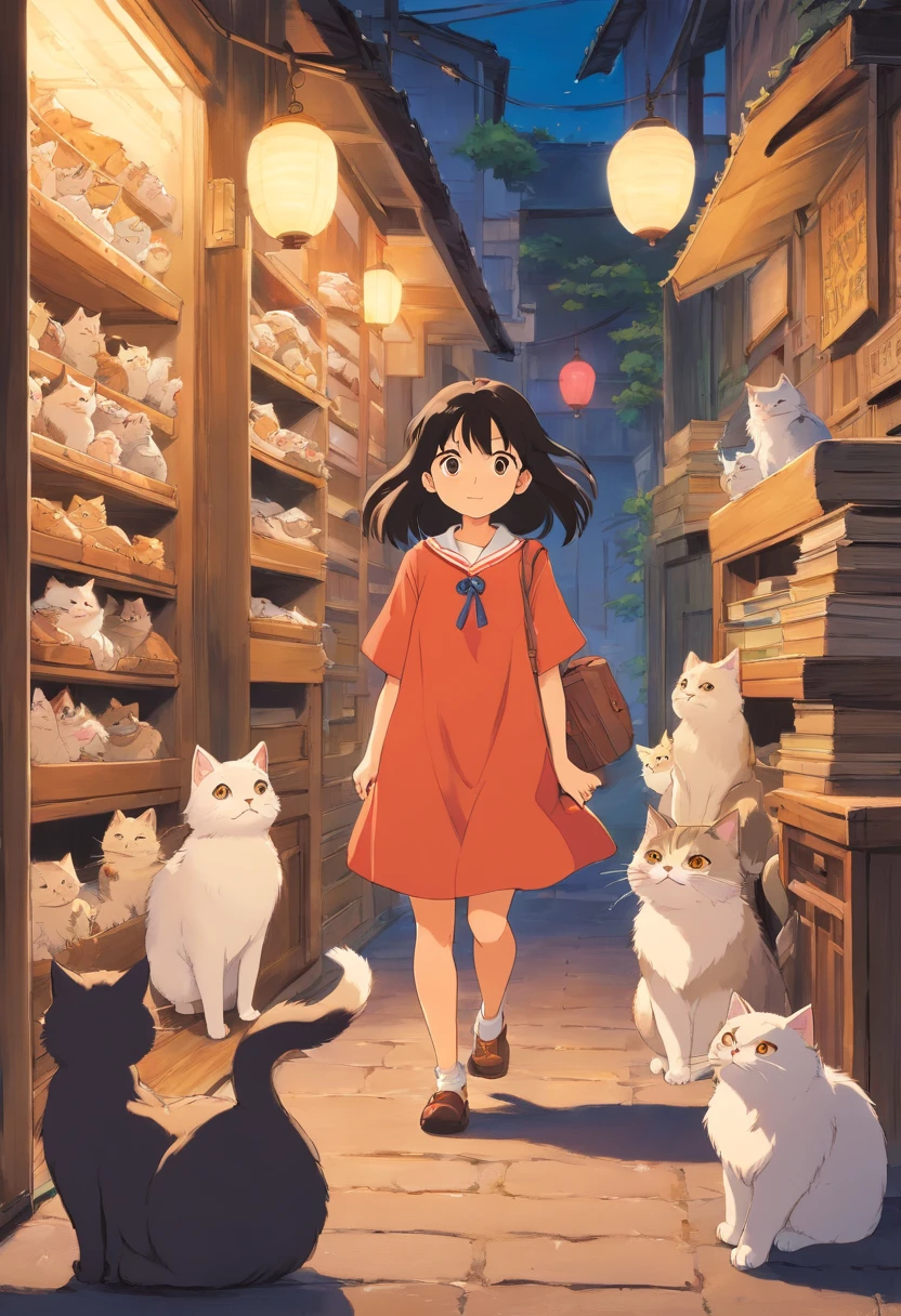 Junior high school girl hanging out with a lot of cats、A dark-haired、