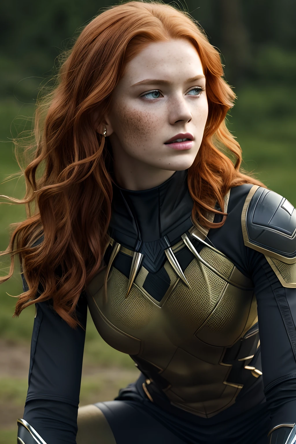 1girl in, age19, Solo, Aesthetic artwork, irish  redhead, wavy ginger hair, shoulder length ginger hair, light grey eyes, some small freckles, pale skin, A-cup, small breasts, runners body, (textured skin, skin pores:1.1), (moles:0.8), imperfect skin, goosebumps, wearing black panther costume, Wakanda forever, Africa background, very background, (action shot, crouching, 1.25), (extremely detailed 8k wallpaper), (hard lighting), high quality, film grain, Fujifilm XT3 sharp focus, f 5.6, 50mm, High Detail, Sharp focus, (natural light), crazy details, complex details, hyperdetailed
