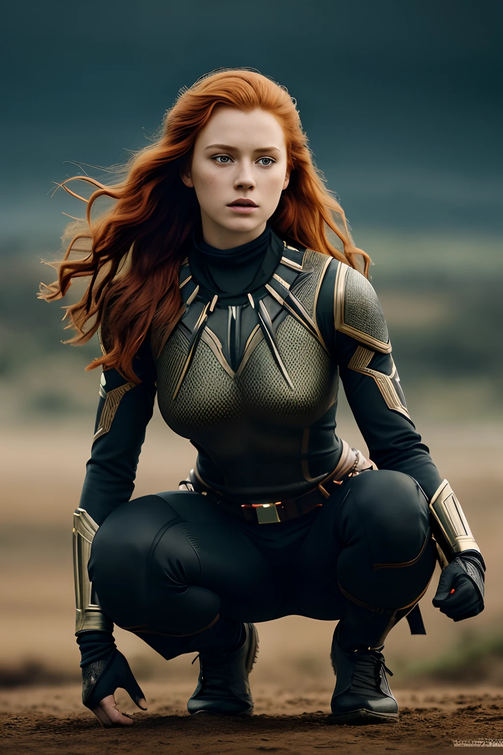 1girl in, age19, Solo, Aesthetic artwork, irish redhead, wavy ginger hair, shoulder length ginger hair, light grey eyes, some small freckles, pale skin, A-cup, small breasts, runners body, (textured skin, skin pores:1.1), (moles:0.8), imperfect skin, goosebumps, wearing black panther costume, Wakanda forever, Africa background, very background, (action shot, crouching, 1.25), (extremely detailed 8k wallpaper), (hard lighting), high quality, film grain, Fujifilm XT3 sharp focus, f 5.6, 50mm, High Detail, Sharp focus, (natural light), crazy details, complex details, hyperdetailed