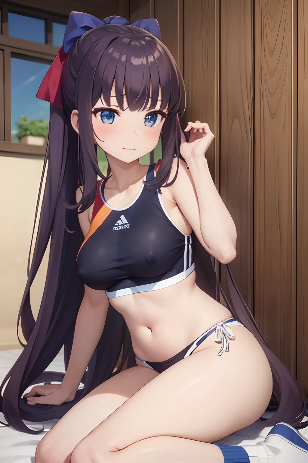 Hanna uzaki, high resolusion, ultrasharp, 8k, obra maestra, ushiwakamaru, sportwear, tetas sexys, perfil, triste, llorando, Shy, avergonzada, pecho desnudo, lenceria de encaje, de rodillas, moe, tetas enormes, semidesnuda, llena de sudor, ropa muy apretada, tanga