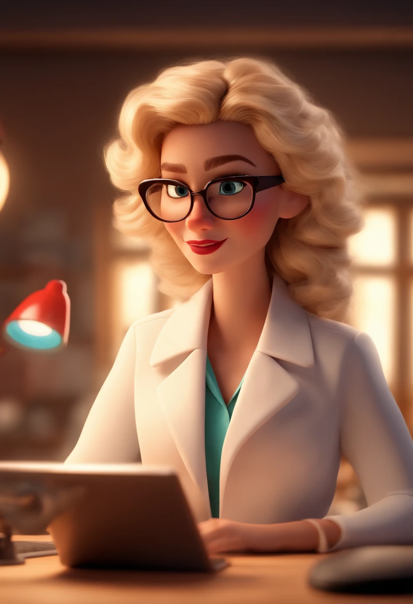 Pixar style image with 3D character glasses WHITE woman, BLOND medium curly hair, in white coat working in the Disney office , Pixar, Disney, Cinema lighting,