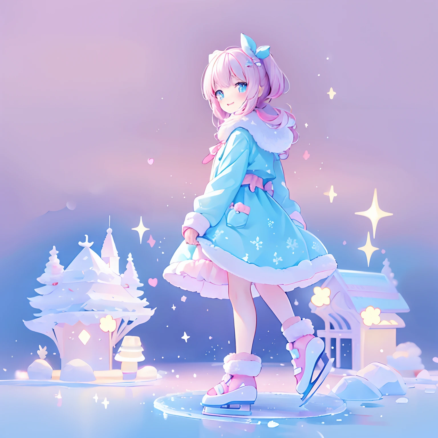 (tchibi), longing, Ice skating on a frozen lake, Kawaii Tech, kawaii, Cute, Pastel colors, Best Quality, cheerfulness,  Deep background