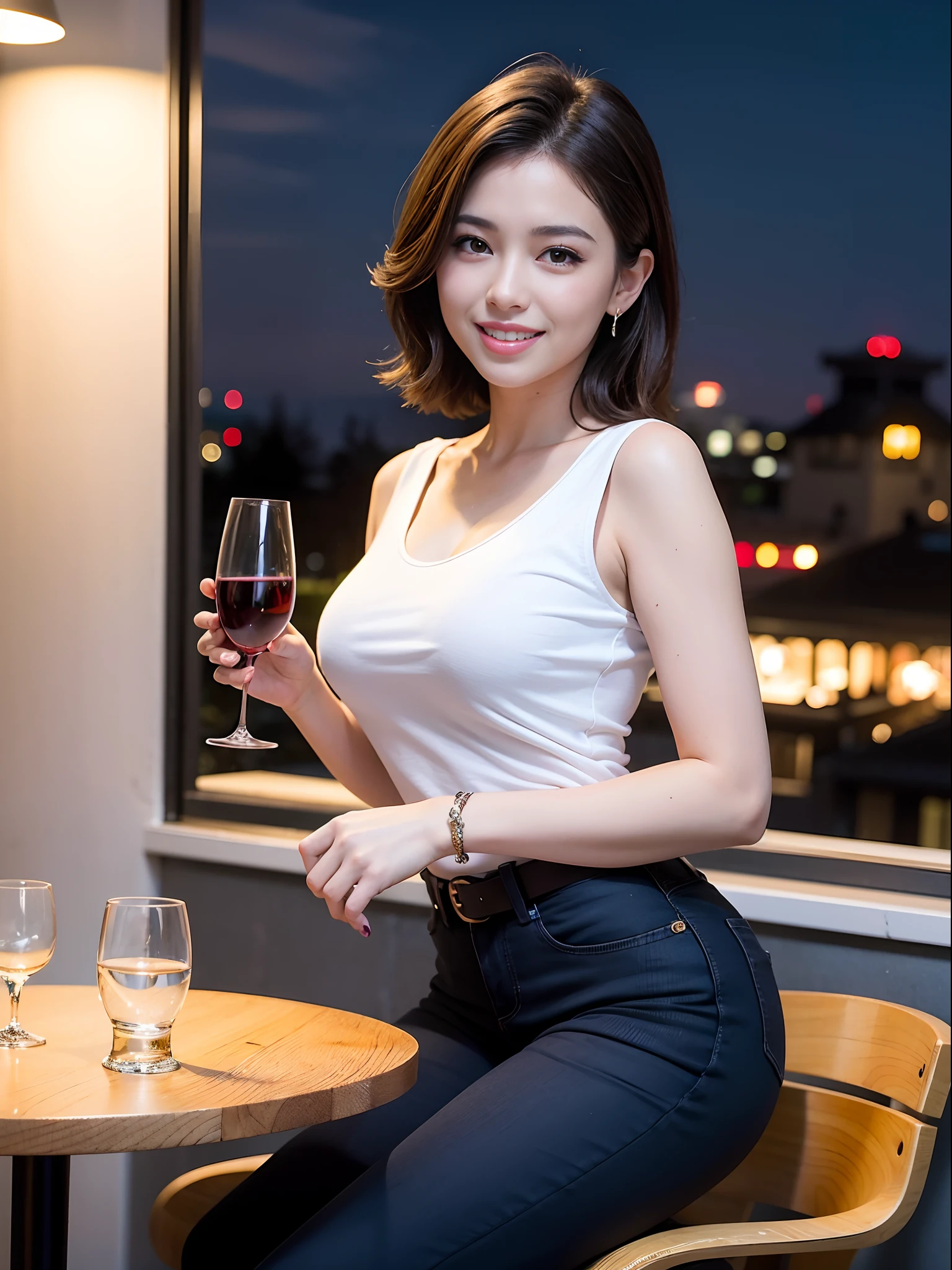 (64K, UHD, top quality, masterpiece: 1.2), (realistic, photorealistic: 1.37), super detailed, pretty woman 1 person, (slim face), (slim body), (brown hair), (short cut), cheeks slightly blushing, (42 years old), 38 years old, solo, beautiful detailed urban night view outside the window, restaurant, wine glasses sit, night, in a prominent place (from the waist up) NovaFrogStyle, Actress, Model, Waist Up, White Wine, Slim, Wine Glass, Super Clean Night View, Wine Glass Put in the Middle, Happy Smile, (Smile: 1.15), Beautiful Fine Eyes, Upper Body, Bust Japan Up, Night, Short, Short, Actress, Model, Waist Up, White Wine, Slim, Wine Glass, Super Clean Night View, Wine Glass Put in the Middle, Happy Smile,