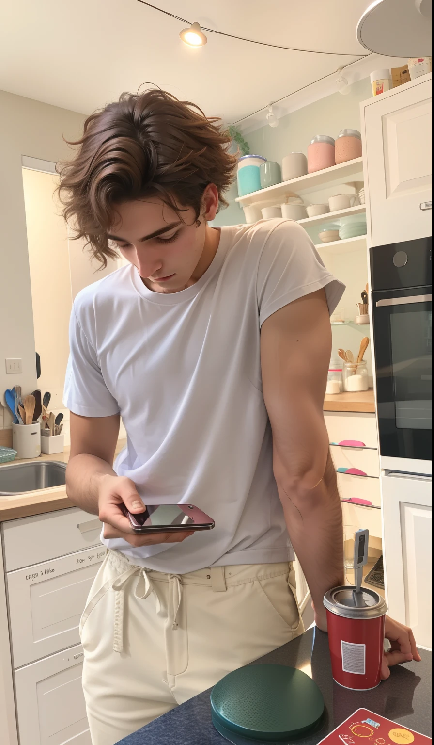 there is a aesthetic young man standing in a kitchen looking at his cell phone, he is about 20 years old, his hair is messy and unkept