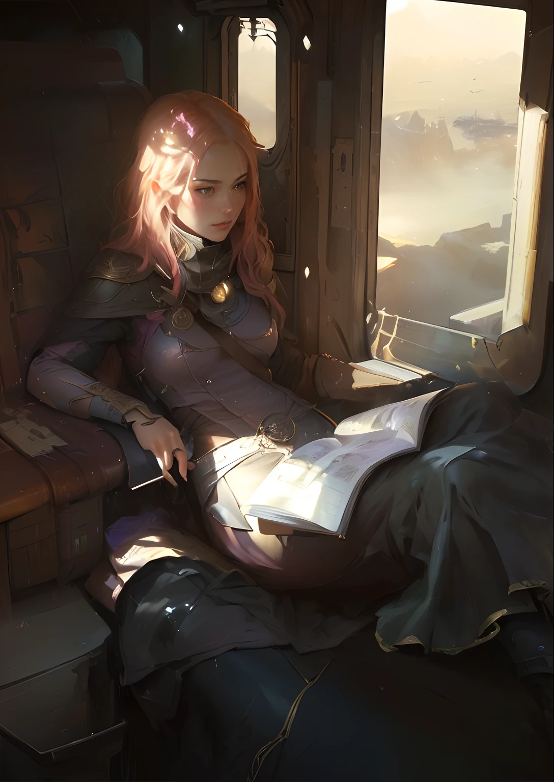 there is a woman sitting on a train with a book, rpg book portrait, fantasy genre portrait, eve ventrue, beautiful character painting, by Yang J, realistic fantasy illustration, artwork in the style of guweiz, moebius + loish + wlop, illustration concept art, graphic artist magali villeneuve, guweiz on pixiv artstation