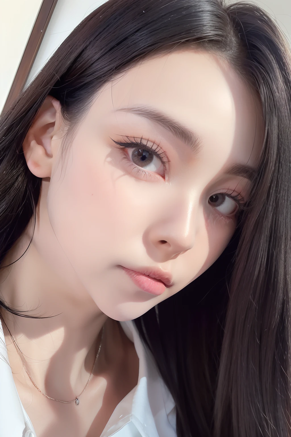(((Ultra-high resolution、close、Cute Japanese Woman)))、length, Straight black hair frames her face、So that every single hair is clearly visible、Depicts subtle color changes depending on the amount of light hitting the subject、The skin is white and smooth、Has a natural glow、Fine skin、毛穴のExpressing every detail、amountや頬に薄い赤みがある部分を詳細に、The eyes are almond-shaped、It is dark brown.、Iris detail、Expressing color gradations and patterns、length, Natural Eyelashes, Each is visible、well-groomed eyebrows、personal々The hair is clearly visible、Light reflects off the eyes、Create small highlights、noseは繊細で、nose孔の細かいディテールがある、Lips are plump and naturally pink、Draws fine lines and soft curves of the lips、Shiny、Accentuate the shape、Detailed depiction of lip texture、Special attention is paid to the depiction of light and shadow.、Soft natural light gently illuminates your face from the front、amount、nose、Gives cheeks a subtle glow、The shadows are softly cast along the contours of the face.、cheekbone、Jaw Curve、noseの側面を強調、The gloss on her lips reflects the light faintly..、Emphasizes plump texture、The shadows in the hair add depth and dimension.、personal々Hair sparkles in the light、The background is simple and blurry.、Focus on the face、With the highest quality、Expressing every detail