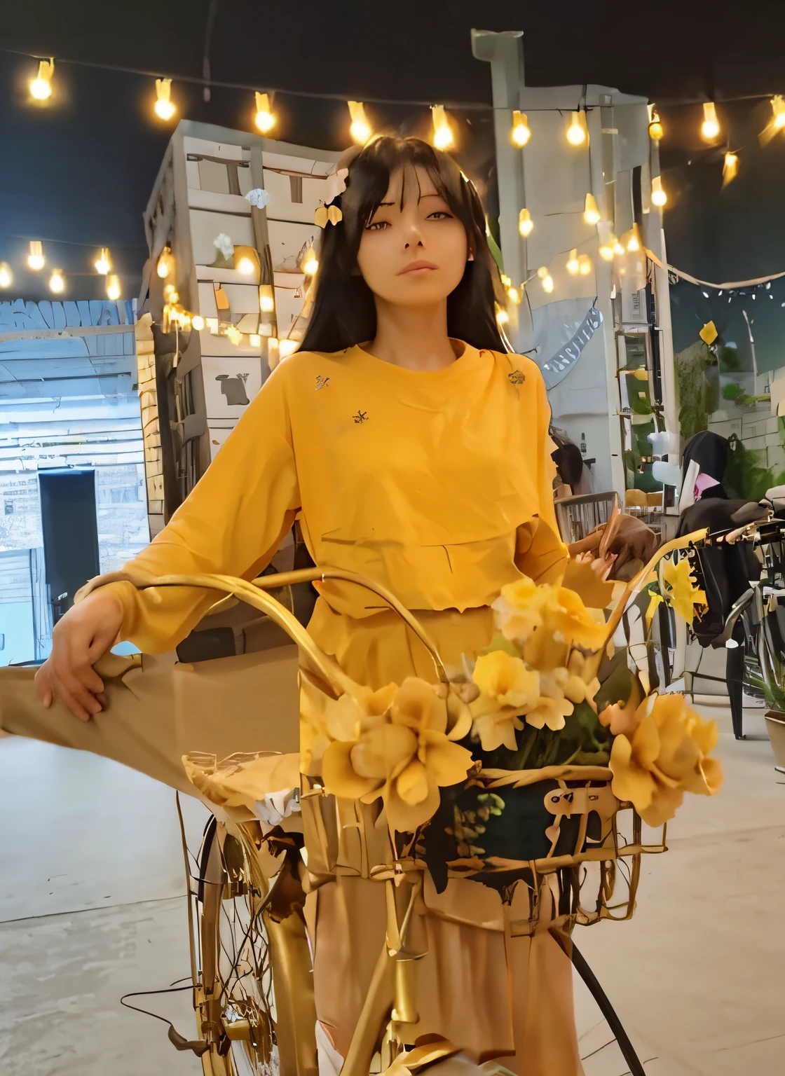 a simple 2d anime girl with cycle, hair between eyes, black hair, long tops gold color, cycle basket with flowers,