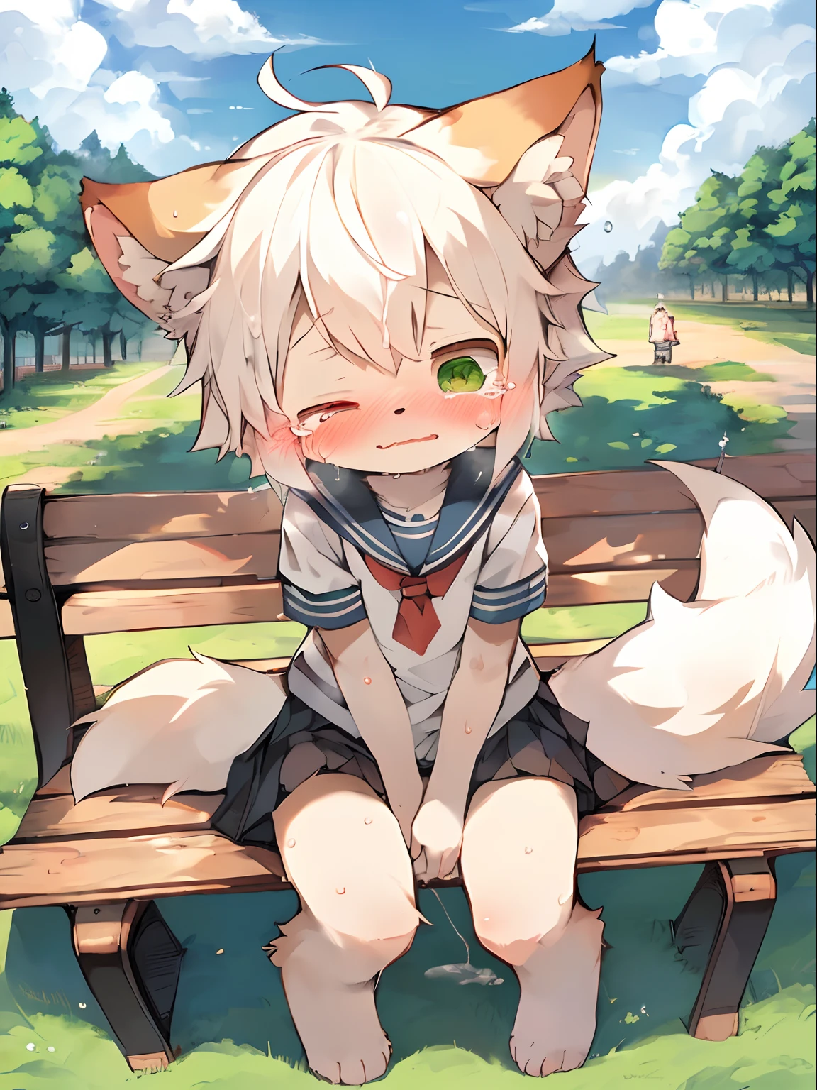 masutepiece, High quality, Absurd resolution, Digital Painting \ (The artwork \), By Dagasi, yupa, Kiyosan, (fluffy fur, White fur, Full body fur,), Male child,elementary student,Shota,独奏,One subject,Tears, Green eyes,Closing your eyes, White hair,I have a red school bag,1tail,Ears lowered,kawaii,Sweating profusely all over the body,Sailor suit wet with sweat,Sweaty skirt with a strong face,Hold the crotch,cum on,a miniskirt,Bare legged, Bright eyes,4 Other ,the panorama, Character Focus. Detailed background, cloud background,a park,Bench under the tree ,sitting on,pov from down,Sensitive,limit,